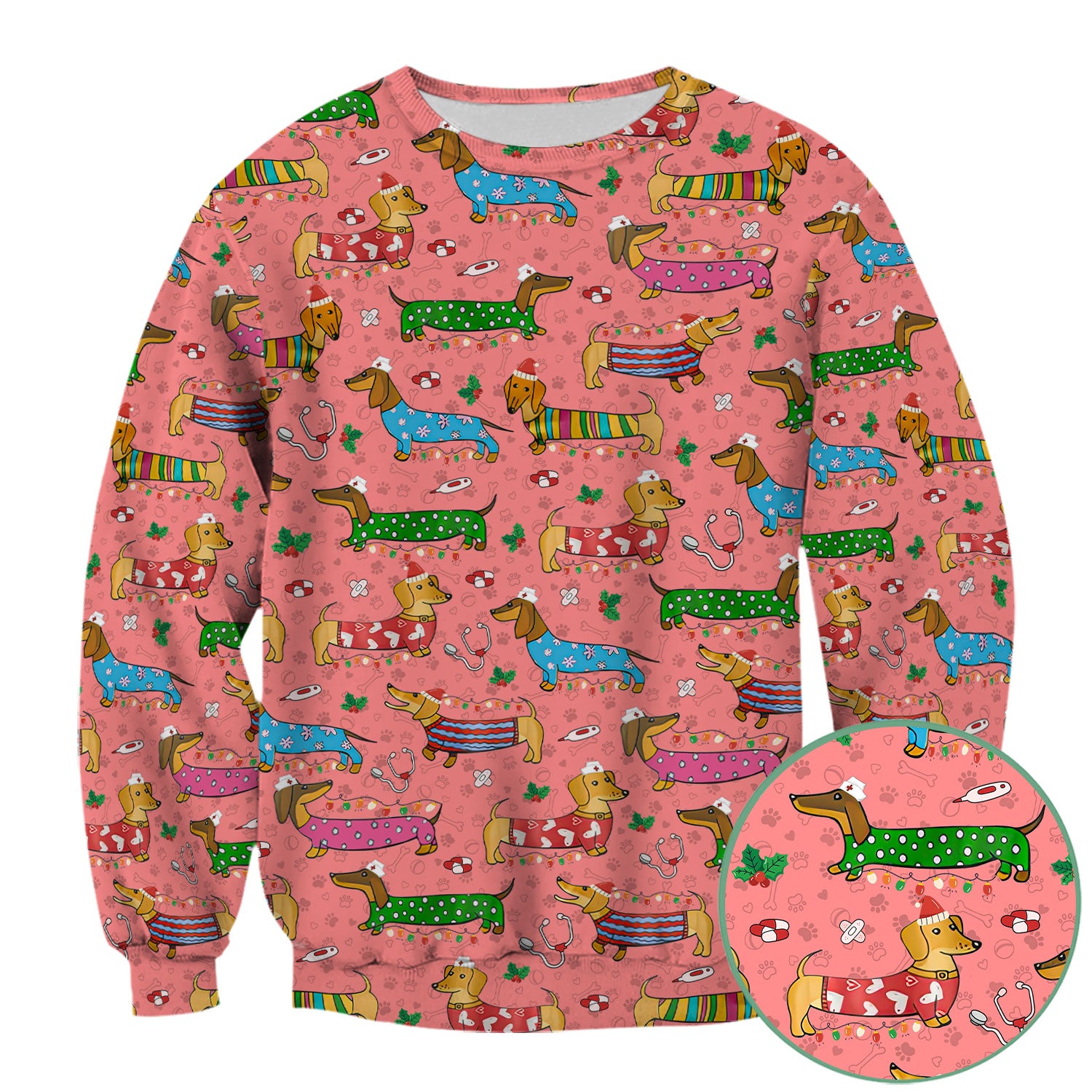 Christmas Scrub Top for Women - Funny Dachshund Nurse Shirt - Cute Holiday Medical Uniform Gift for RN LPN CNA
