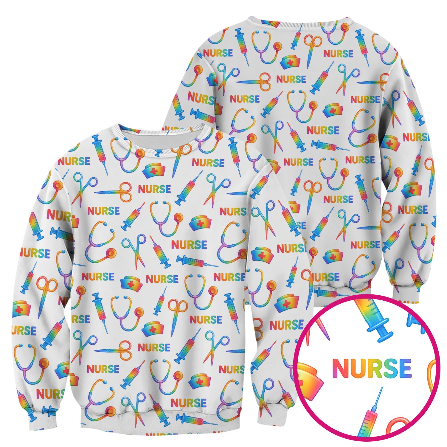 Colorful Nurse Scrub Top for Women - Rainbow Syringe and Scissors Pattern - Fun Medical Scrubs Shirt Gift for RN LPN CNA