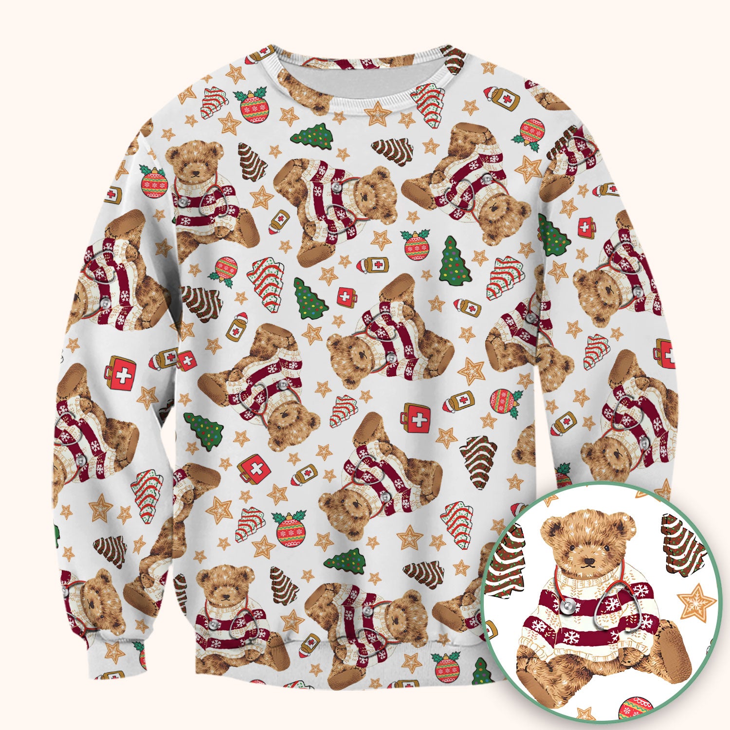 Christmas Teddy Bear Scrub Top for Nurses - Cozy Holiday Pattern with Cute Bear and Medical Icons - Festive Scrubs for Women
