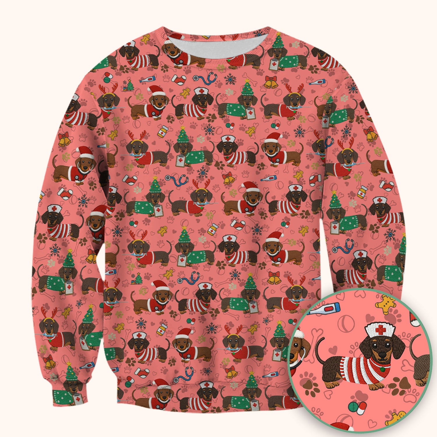 Christmas Wiener Dog Scrub Top for Nurses - Cute Dachshund Medical Shirt - Fun Holiday Scrubs Gift for Women RN CNA LPN