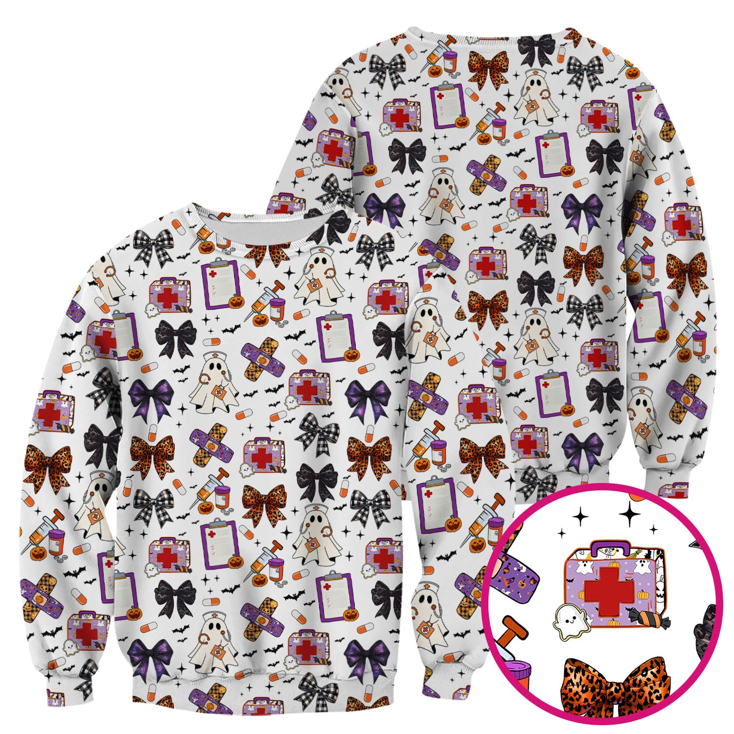 Spooky Cute Nurse Scrubs Top - Ghost, Pumpkin & Bow Print - Fun Halloween Medical Shirt for Women Nurses