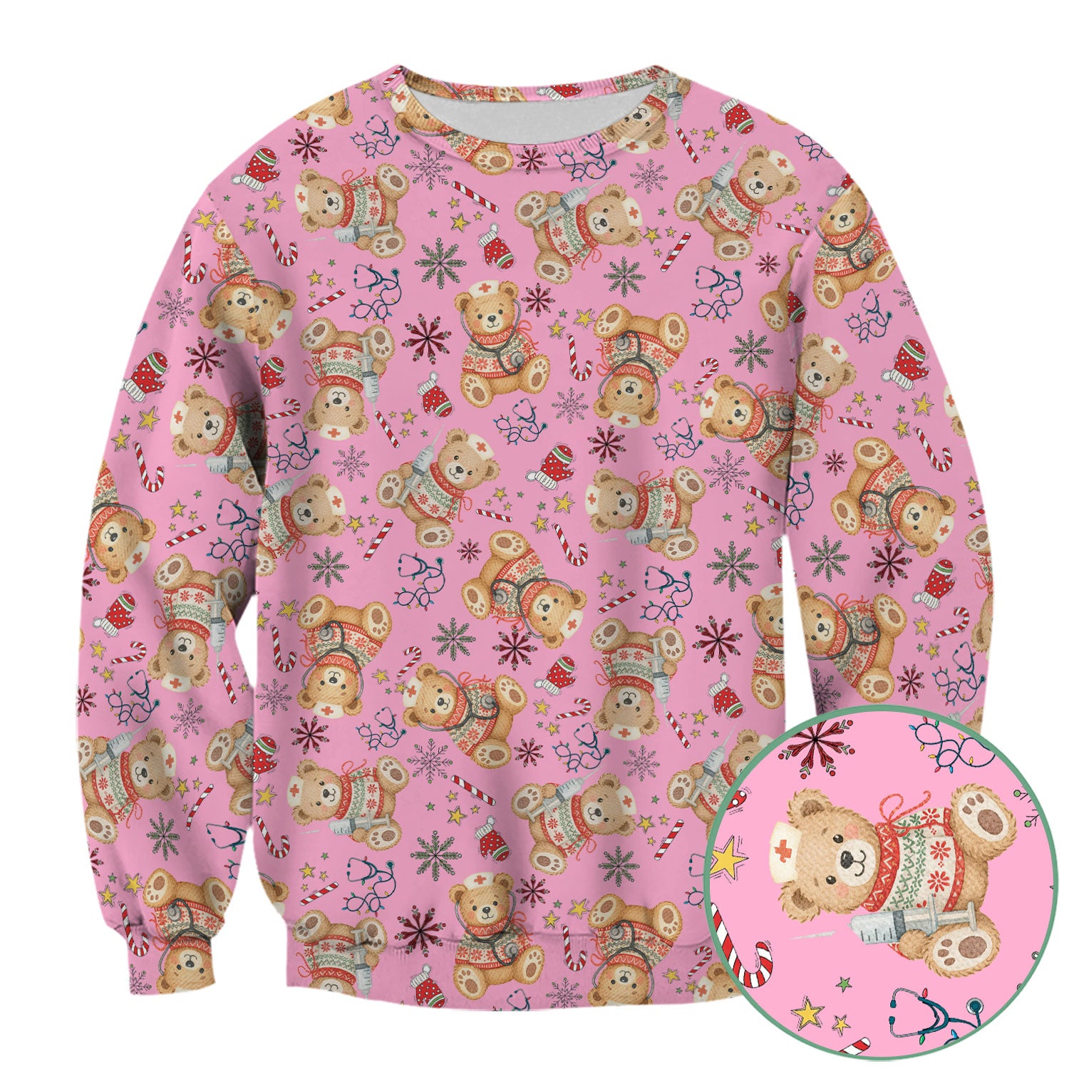Christmas Teddy Bear Nurse Scrub Top for Women - Cute Holiday Medical Shirt RN LPN CNA Gift - Festive Nursing Uniform