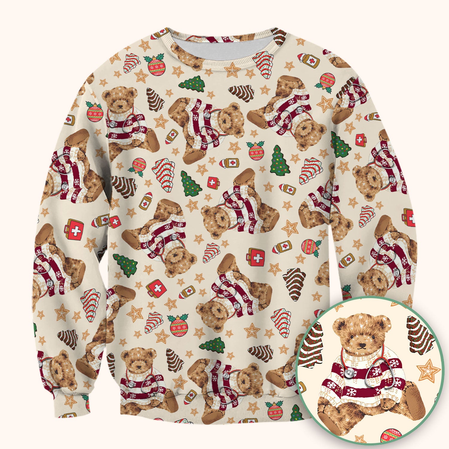 Christmas Teddy Bear Scrub Top for Nurses - Cozy Holiday Pattern with Cute Bear and Medical Icons - Festive Scrubs for Women
