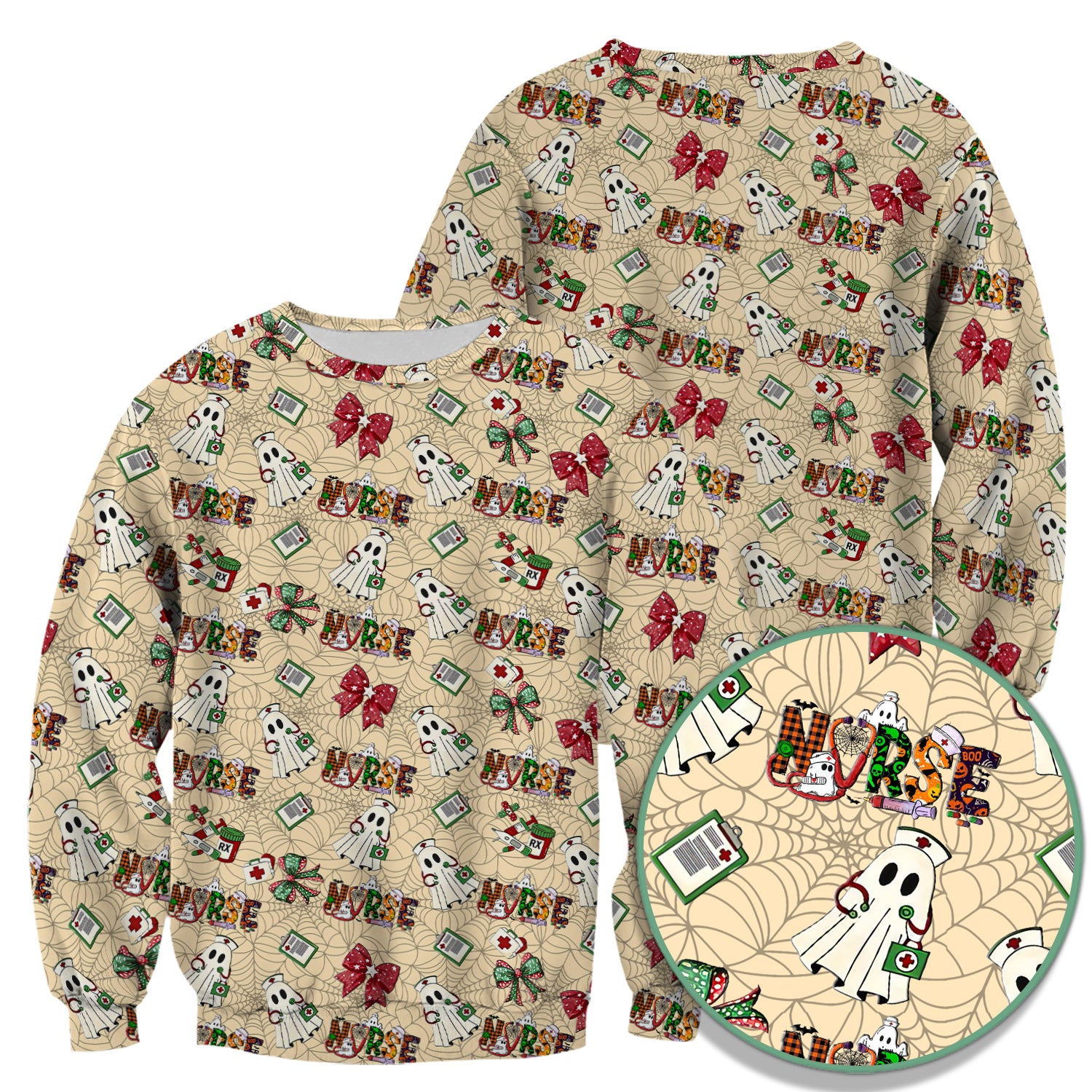 Custom Halloween Scrub Top for Nurses - Funny Ghost and Web Scrub Shirt Multi Color - Cute Spooky Nursing Workwear with Pockets