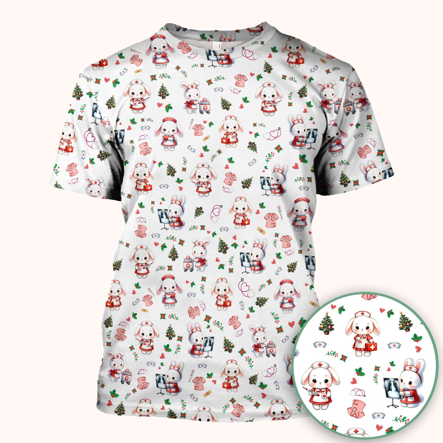 Comfortable Scrubs for Nurses - Funny Bunny Scrub Top - Rabbit Christmas Shirt - Xmas Med Uniform for Women