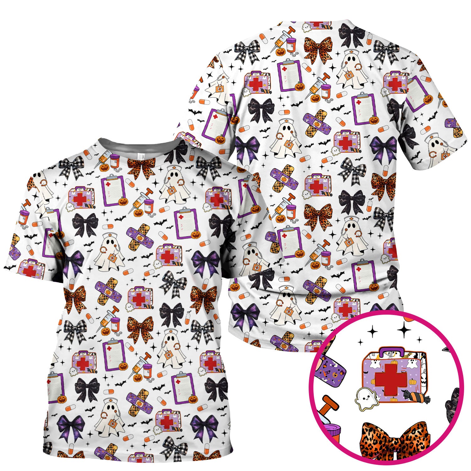 Spooky Cute Nurse Scrubs Top - Ghost, Pumpkin & Bow Print - Fun Halloween Medical Shirt for Women Nurses