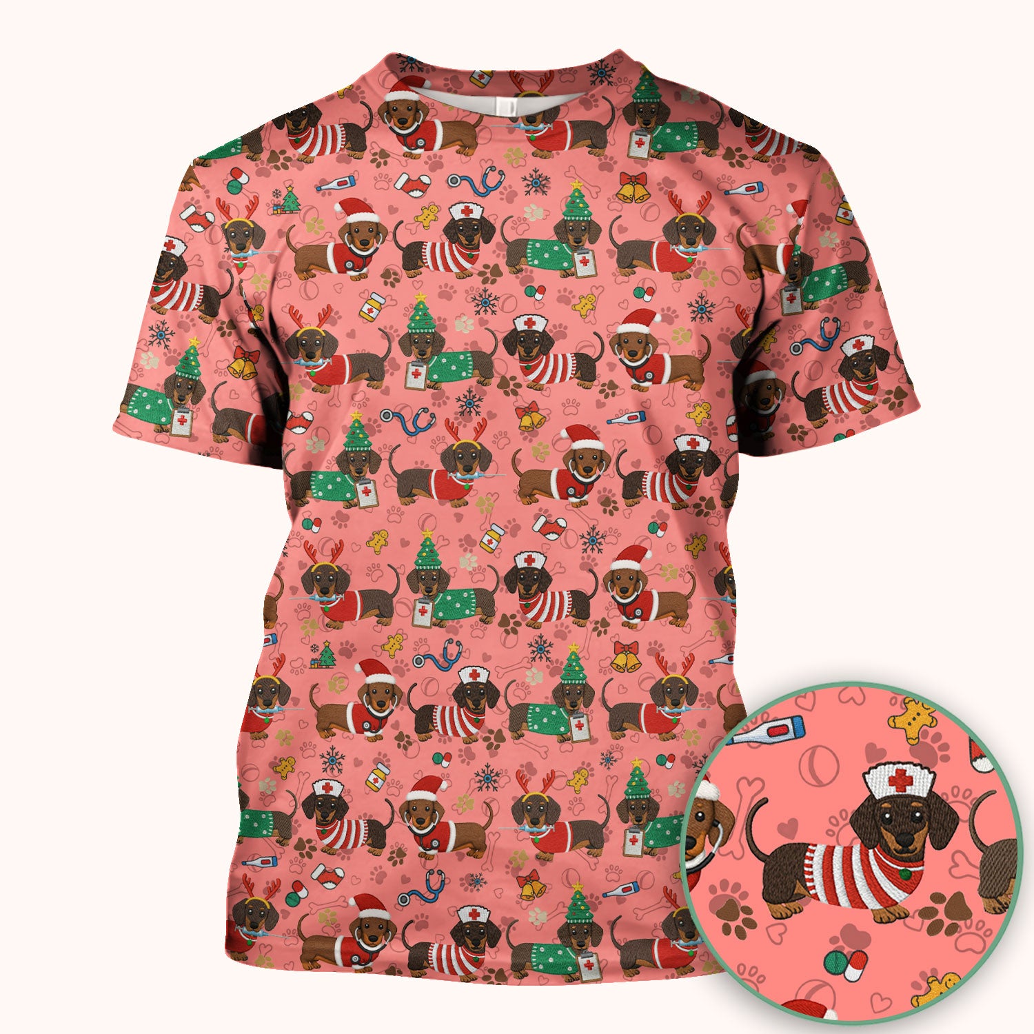 Christmas Wiener Dog Scrub Top for Nurses - Cute Dachshund Medical Shirt - Fun Holiday Scrubs Gift for Women RN CNA LPN