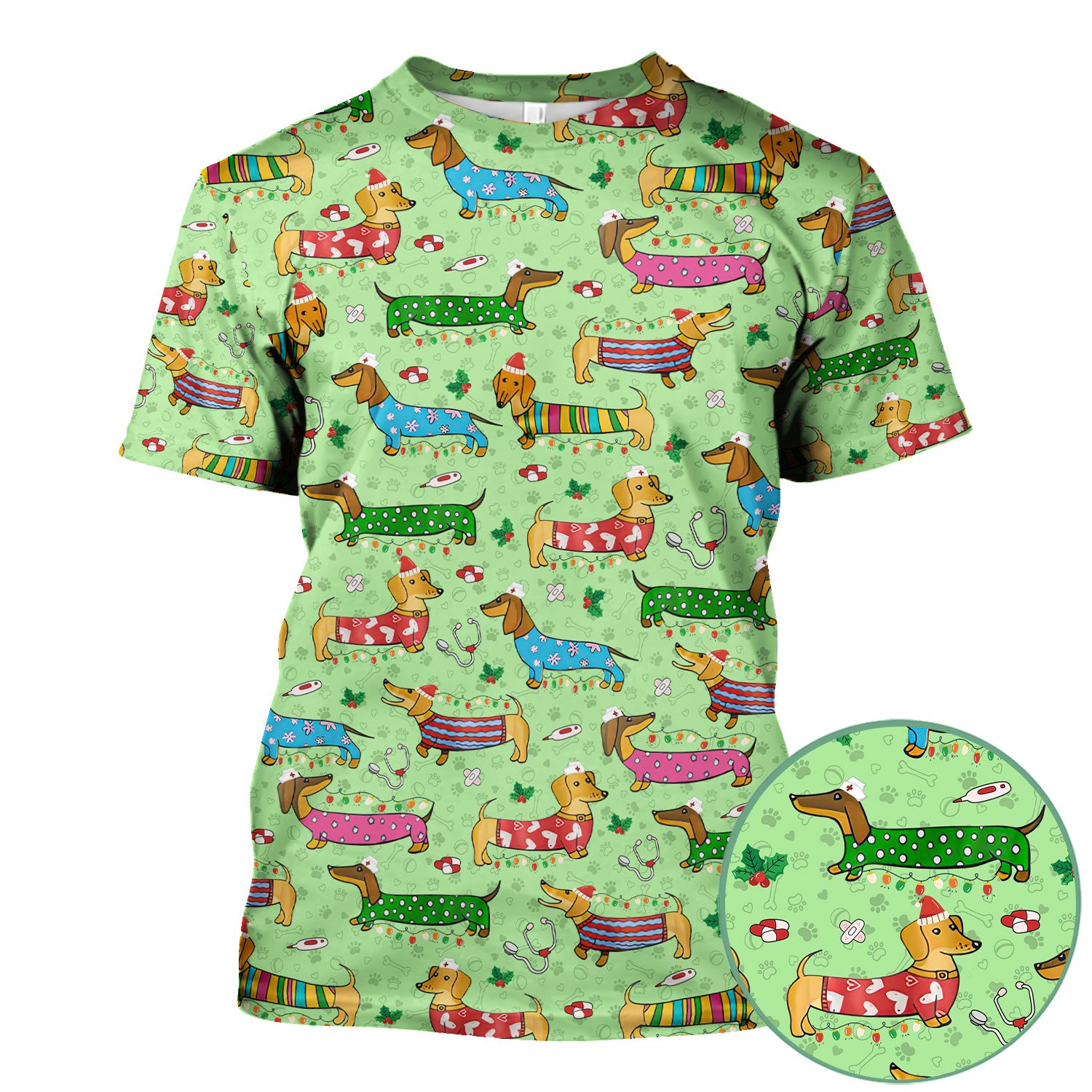 Christmas Scrub Top for Women - Funny Dachshund Nurse Shirt - Cute Holiday Medical Uniform Gift for RN LPN CNA