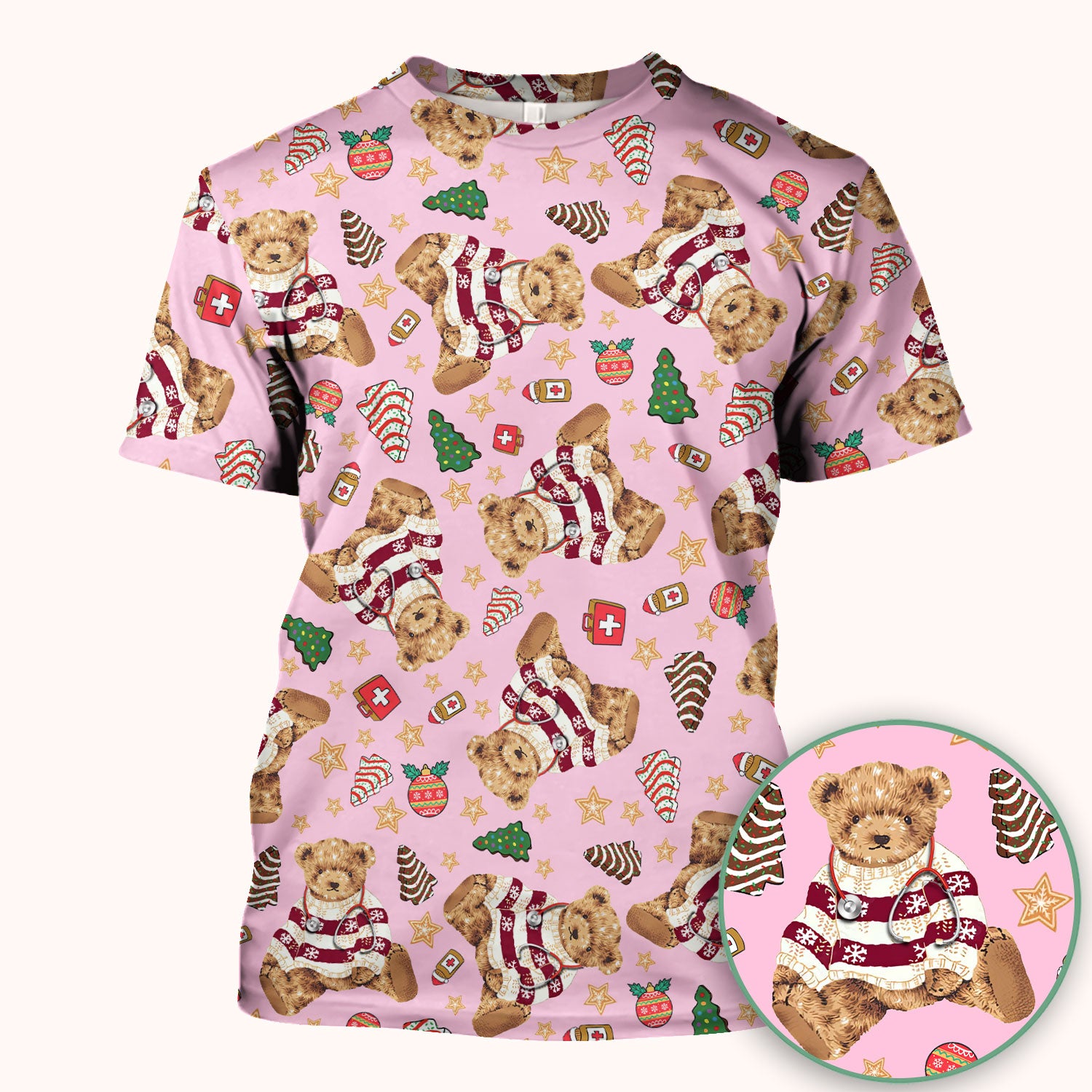 Christmas Teddy Bear Scrub Top for Nurses - Cozy Holiday Pattern with Cute Bear and Medical Icons - Festive Scrubs for Women