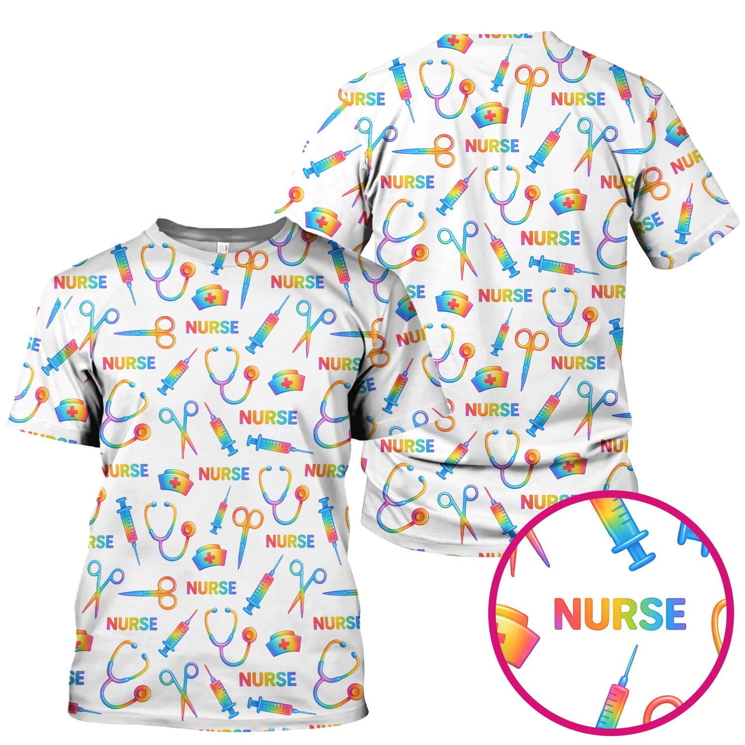 Colorful Nurse Scrub Top for Women - Rainbow Syringe and Scissors Pattern - Fun Medical Scrubs Shirt Gift for RN LPN CNA