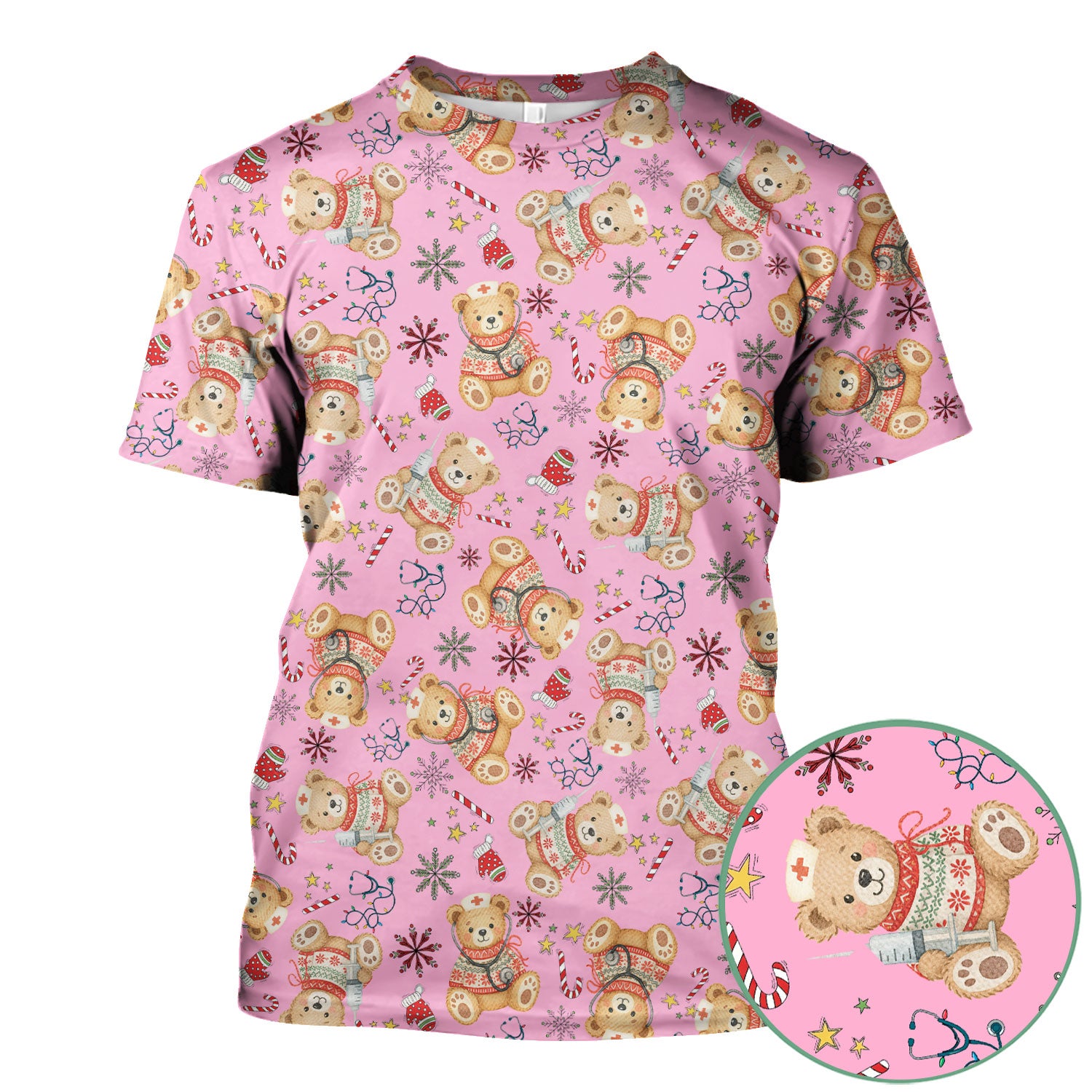 Christmas Teddy Bear Nurse Scrub Top for Women - Cute Holiday Medical Shirt RN LPN CNA Gift - Festive Nursing Uniform