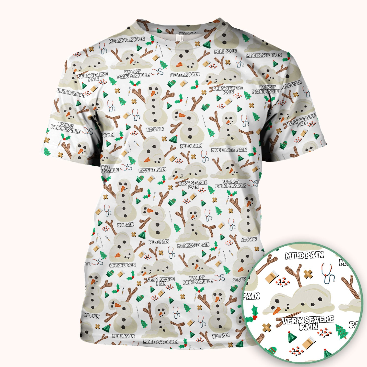 Christmas Snowman Nurse Scrub Top for Women - Funny Pain Scale Medical Shirt - Cute Holiday Nursing Uniform Gift for RN LPN CNA
