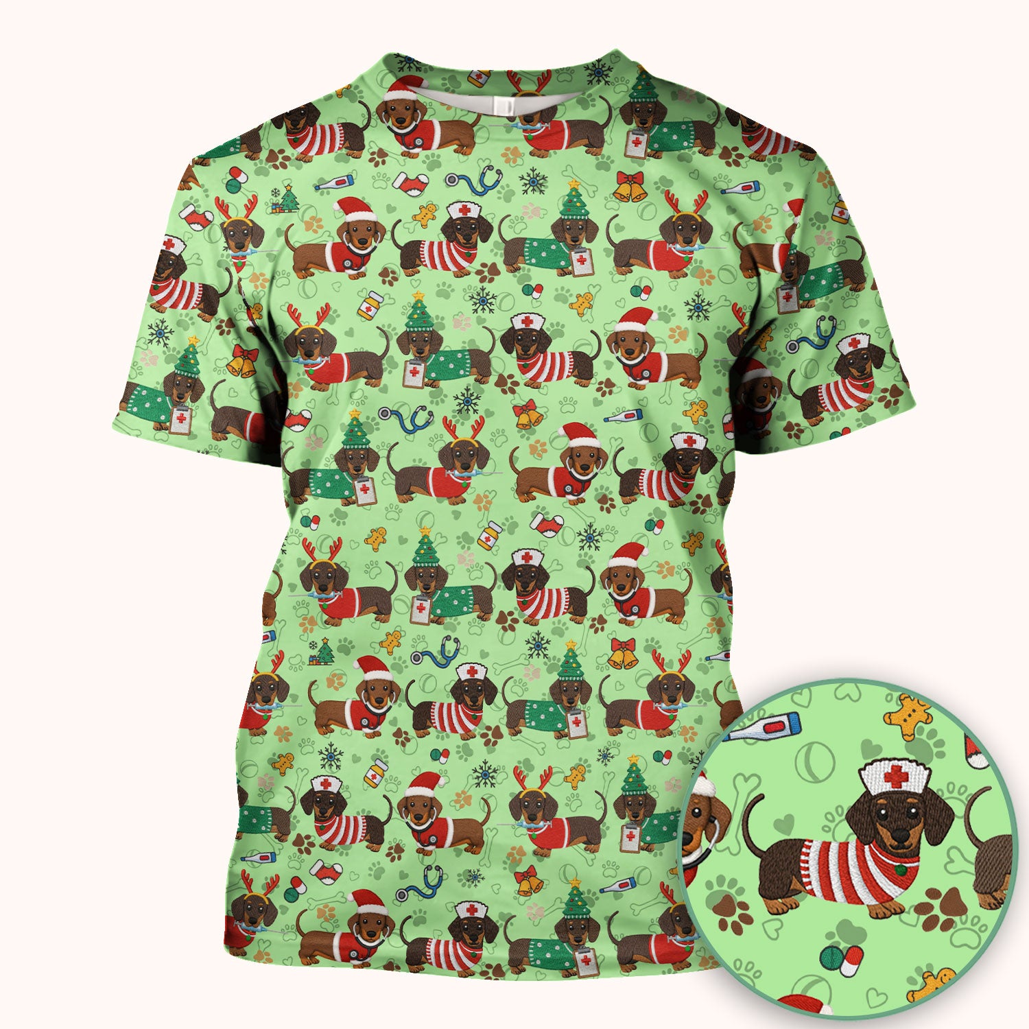Christmas Wiener Dog Scrub Top for Nurses - Cute Dachshund Medical Shirt - Fun Holiday Scrubs Gift for Women RN CNA LPN