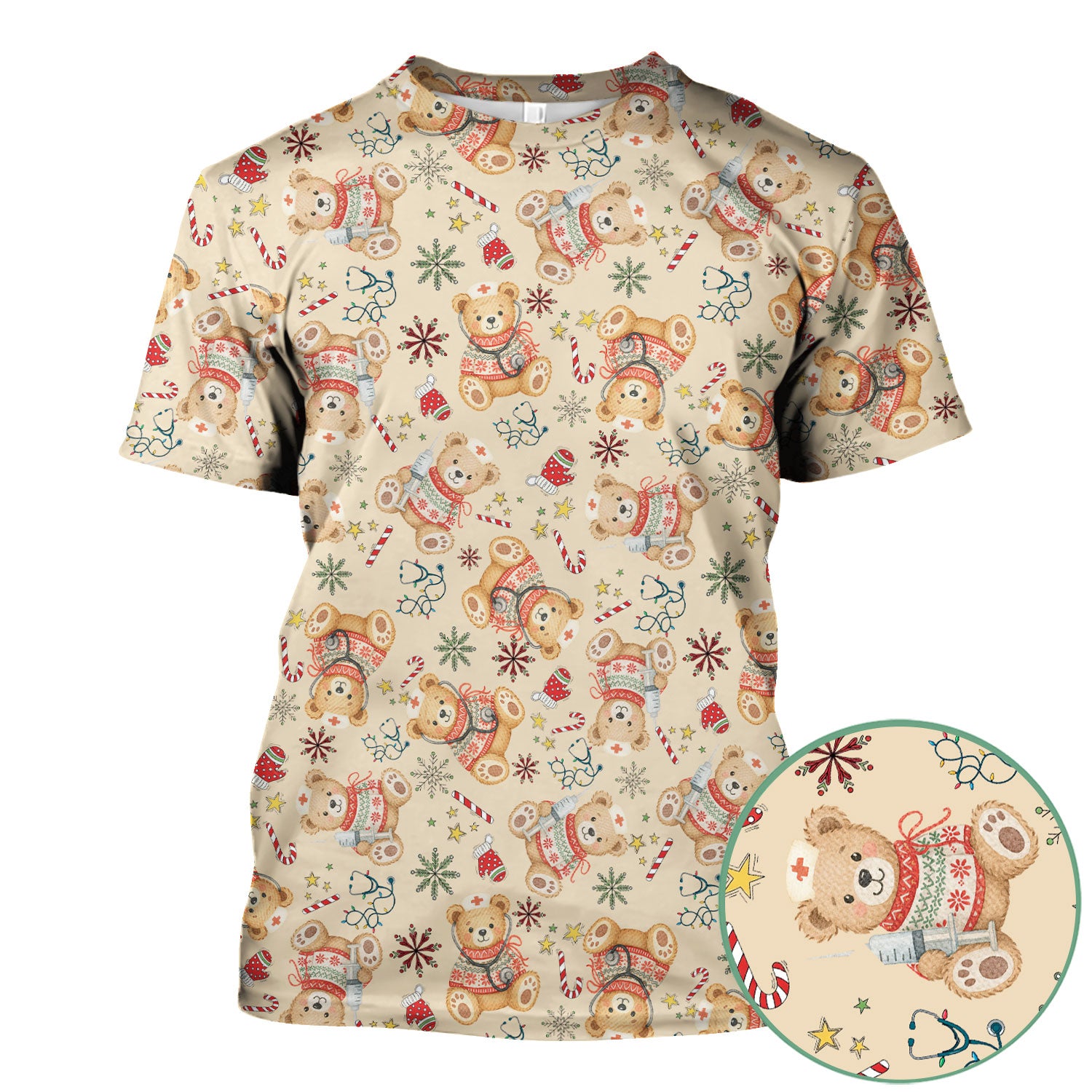 Christmas Teddy Bear Nurse Scrub Top for Women - Cute Holiday Medical Shirt RN LPN CNA Gift - Festive Nursing Uniform