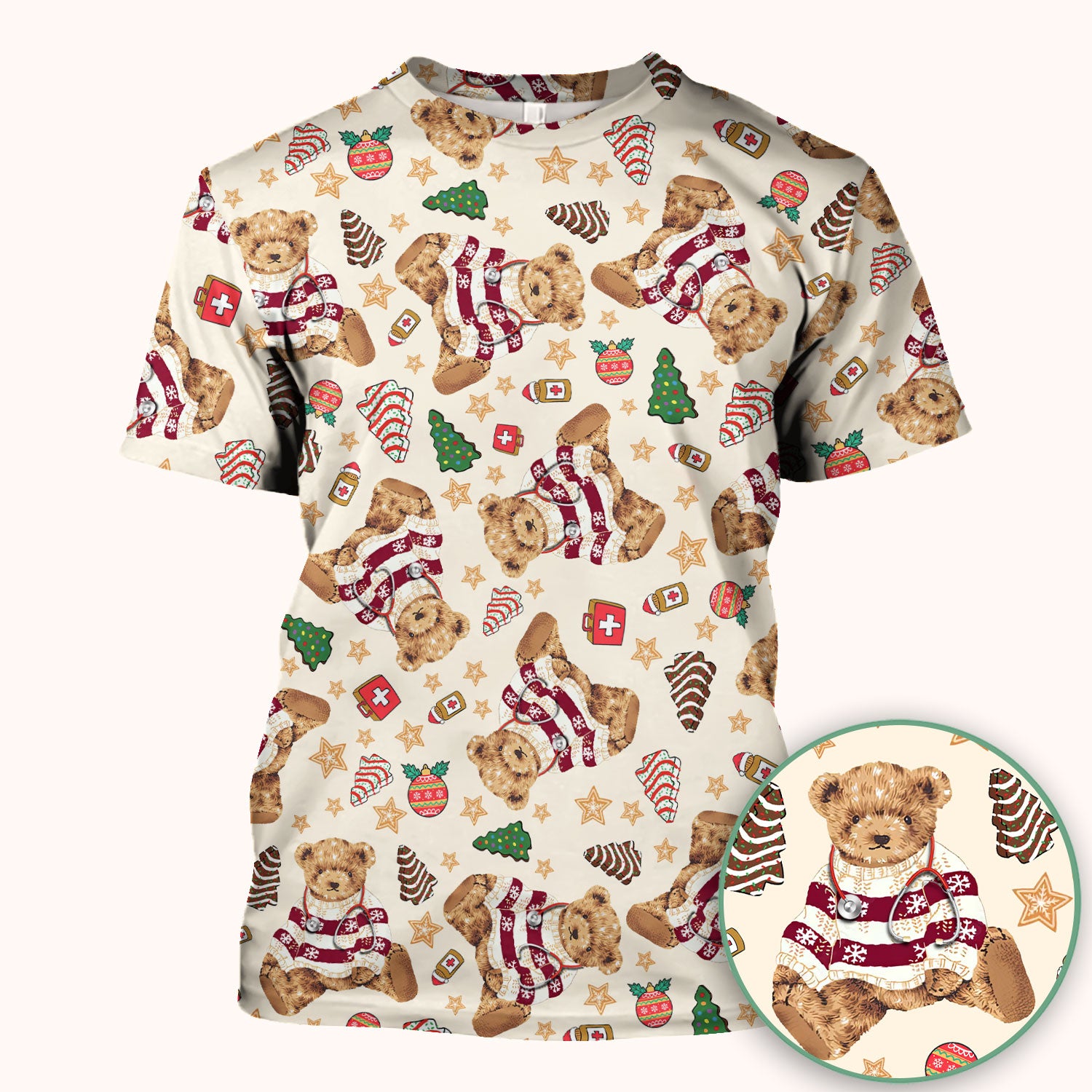 Christmas Teddy Bear Scrub Top for Nurses - Cozy Holiday Pattern with Cute Bear and Medical Icons - Festive Scrubs for Women