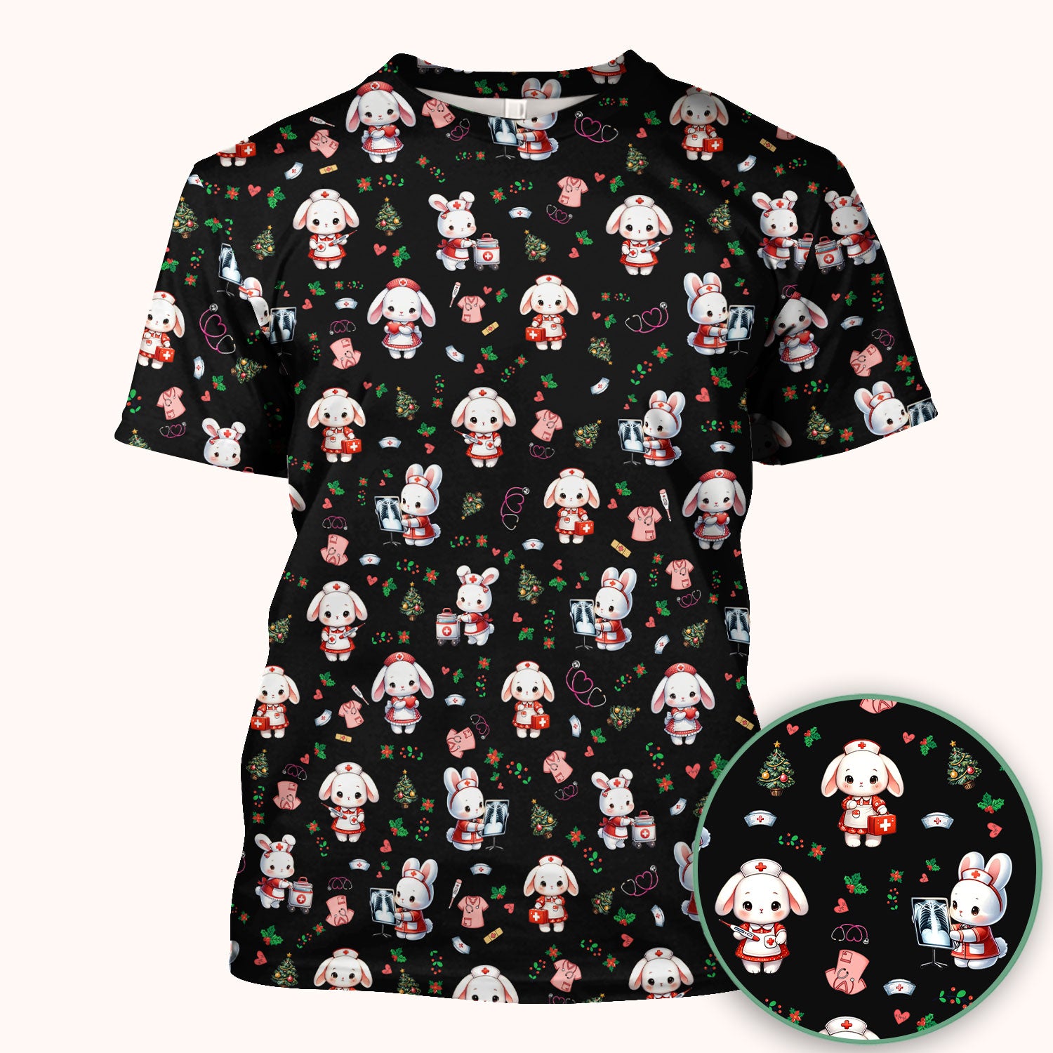 Comfortable Scrubs for Nurses - Funny Bunny Scrub Top - Rabbit Christmas Shirt - Xmas Med Uniform for Women