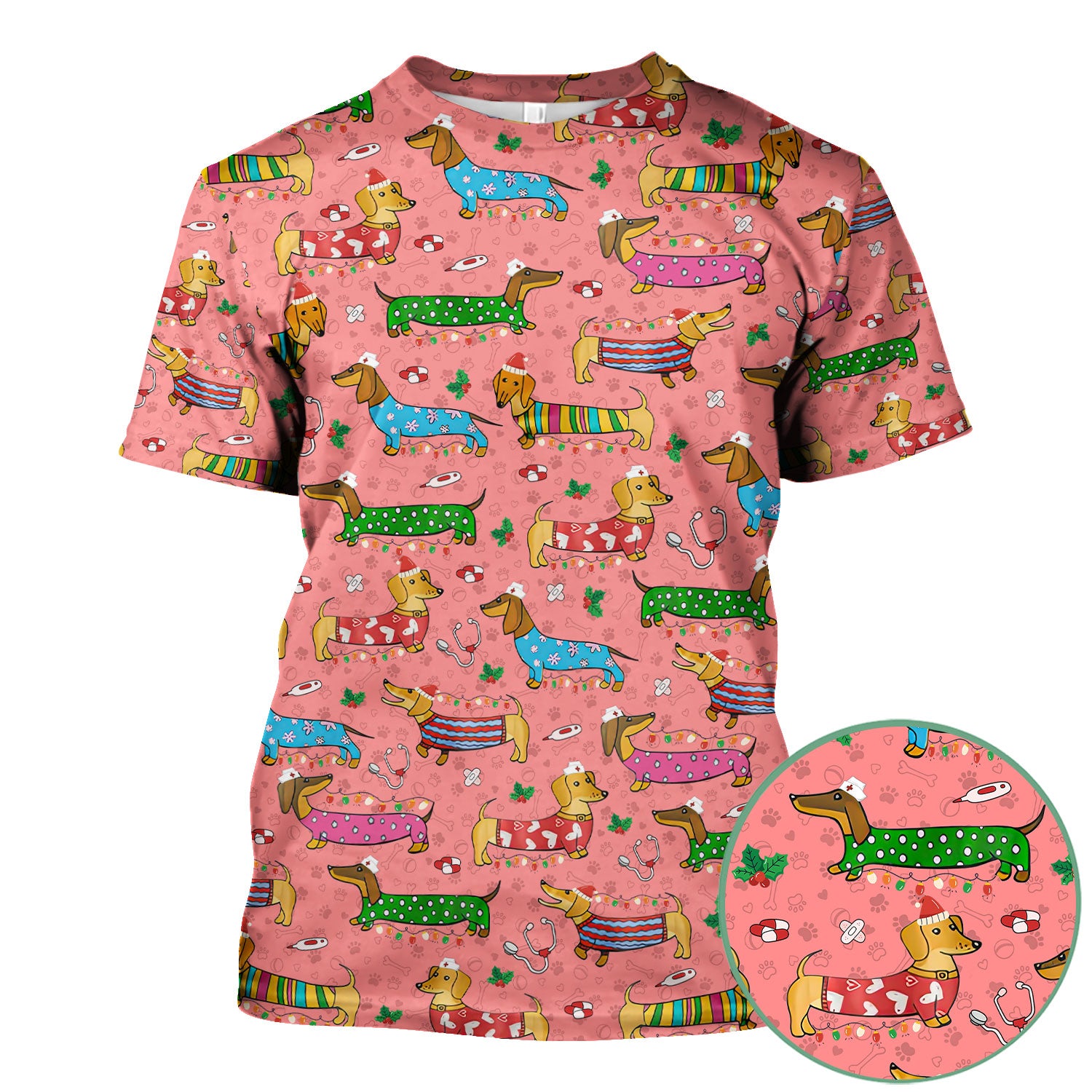 Christmas Scrub Top for Women - Funny Dachshund Nurse Shirt - Cute Holiday Medical Uniform Gift for RN LPN CNA