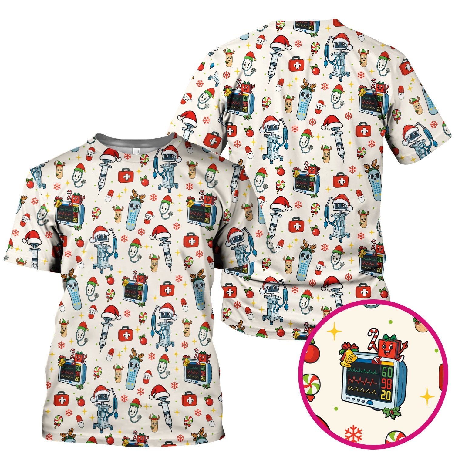 Christmas Scrub Top for Women - Funny Nurse Pattern with Robot & Reindeer - Festive Medical Shirt for Holiday Shifts