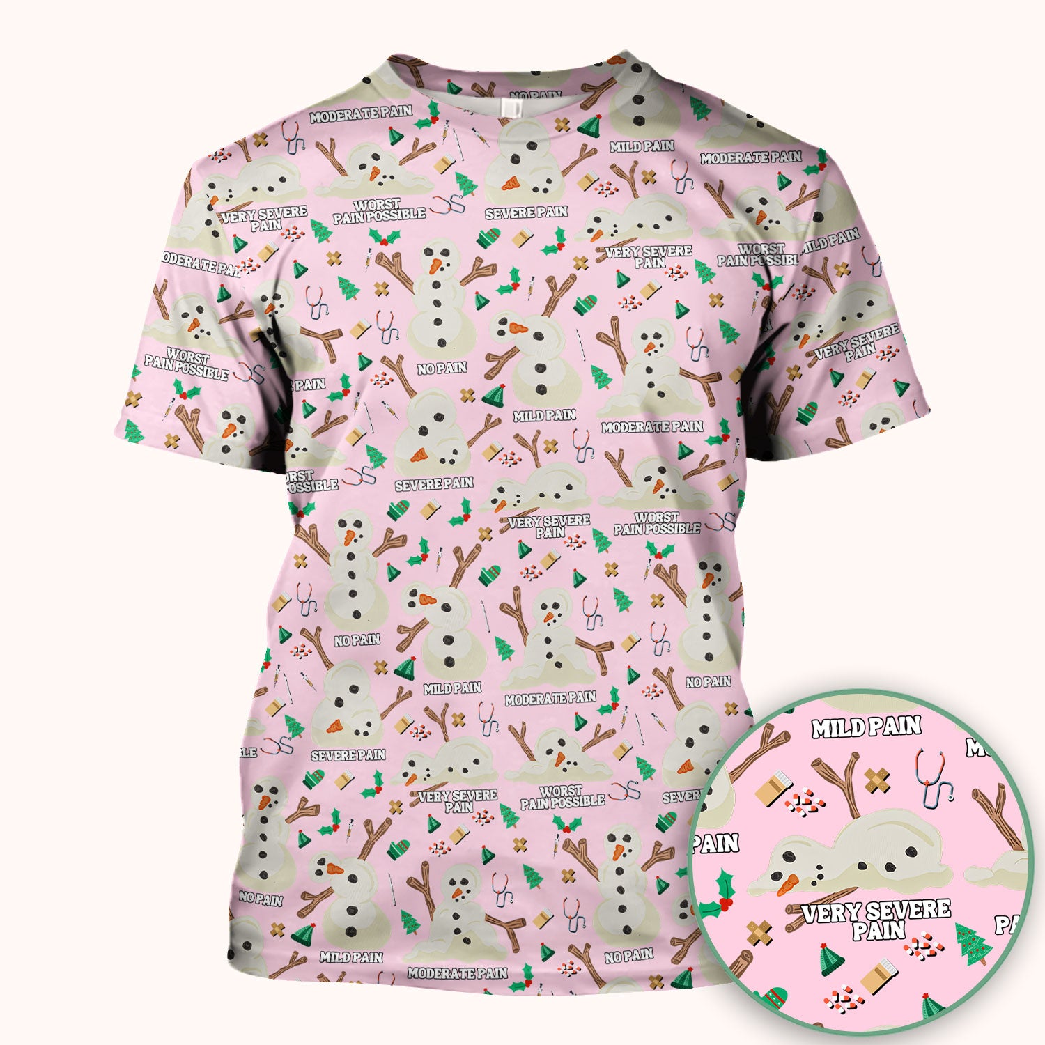 Christmas Snowman Nurse Scrub Top for Women - Funny Pain Scale Medical Shirt - Cute Holiday Nursing Uniform Gift for RN LPN CNA