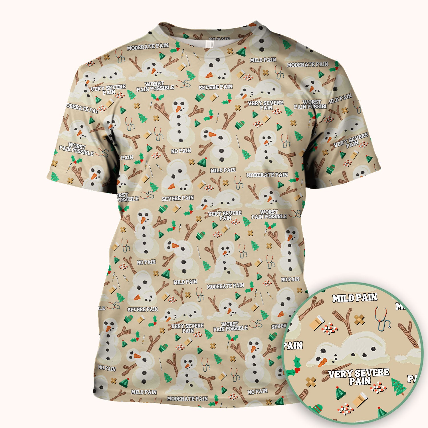 Christmas Snowman Nurse Scrub Top for Women - Funny Pain Scale Medical Shirt - Cute Holiday Nursing Uniform Gift for RN LPN CNA
