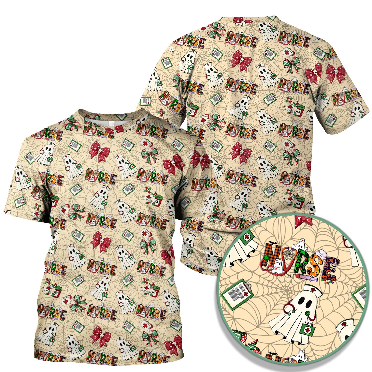 Custom Halloween Scrub Top for Nurses - Funny Ghost and Web Scrub Shirt Multi Color - Cute Spooky Nursing Workwear with Pockets