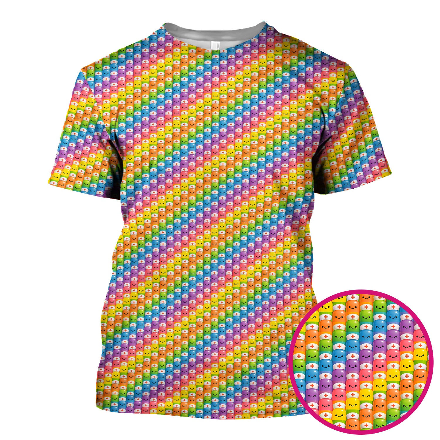Funny Rainbow Nurse Scrub - Pill Cartoon with Syringe Graphic Tee - Gift for RN CNA LPN or Nursing Student