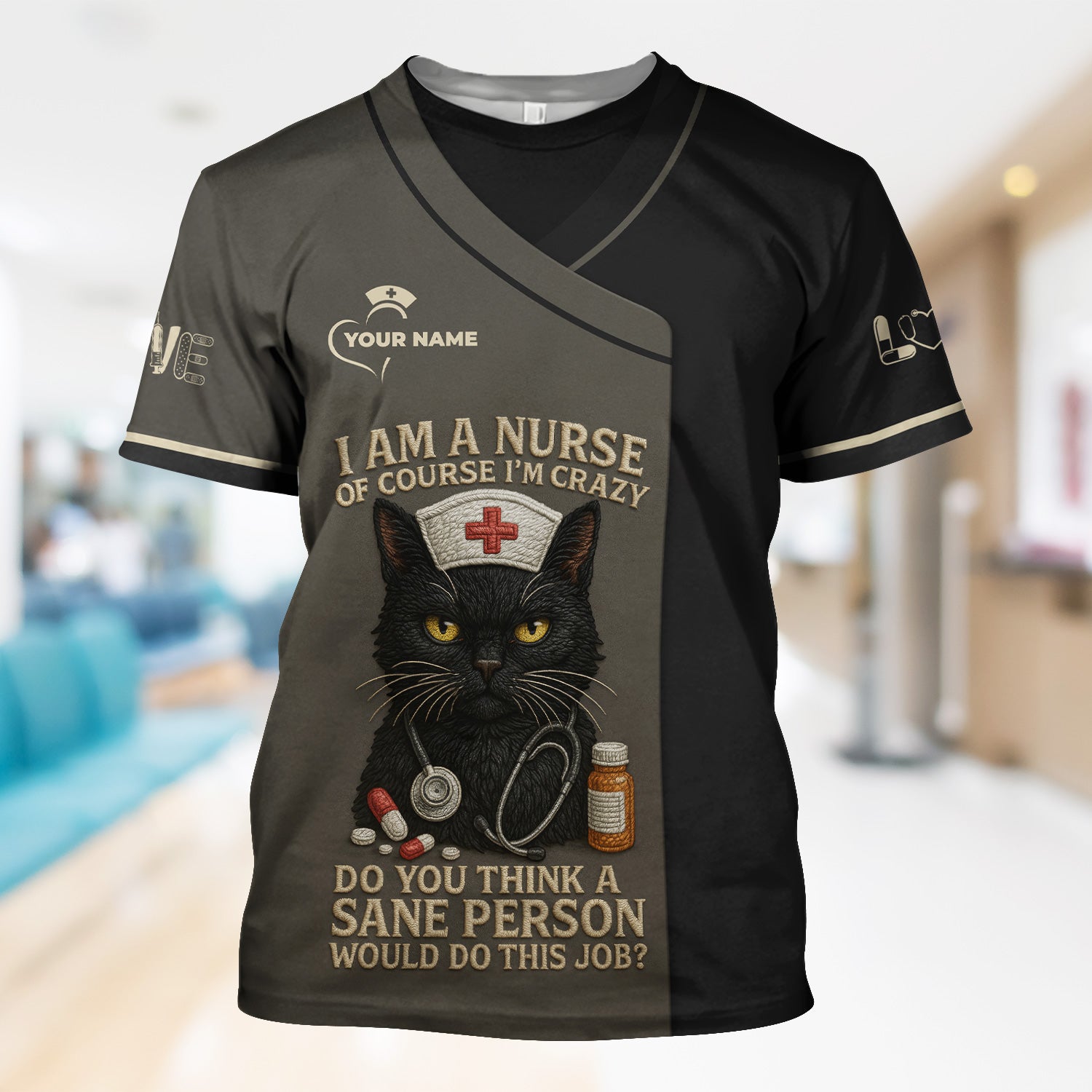 Personalized Cute Black Cat Nurse Shirt - Crazy Funny Cat Nurse Medical Graphic Tee - Gift for RN LPN CNA Nursing Staff