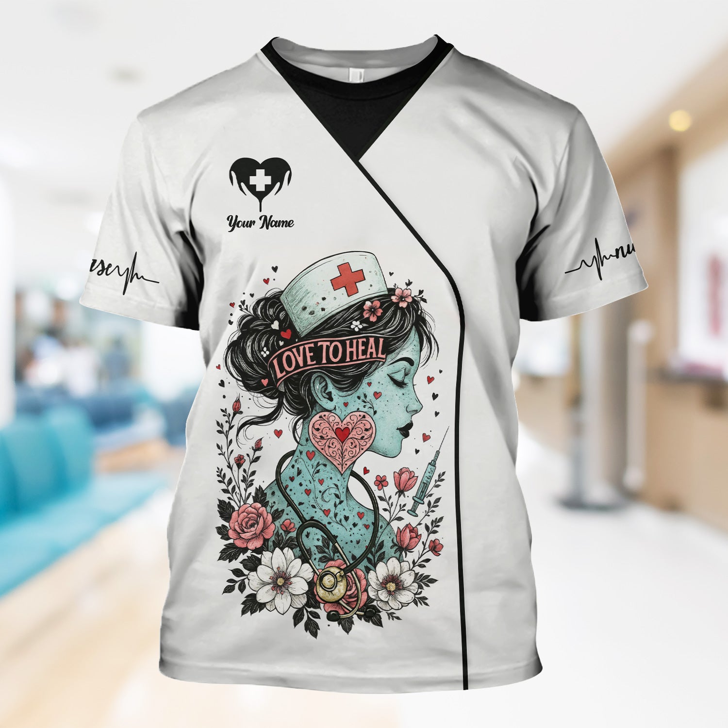 Custom Artistic Nurse Floral Shirt - Vintage Tattoo Style Graphic with Stethoscope Design - Gift for Women RN, LPN, CNA