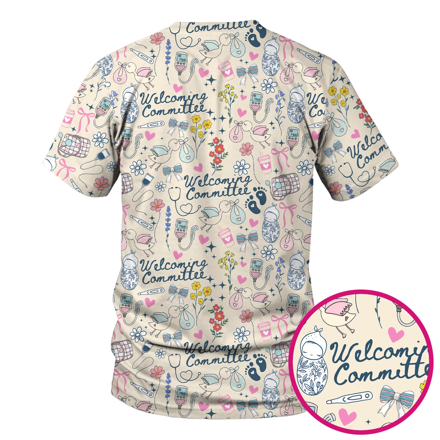 Cute L&D Nurse Scrub Top - Welcoming Committee & Stork Delivering Baby Design - Gift for Women RN LPN