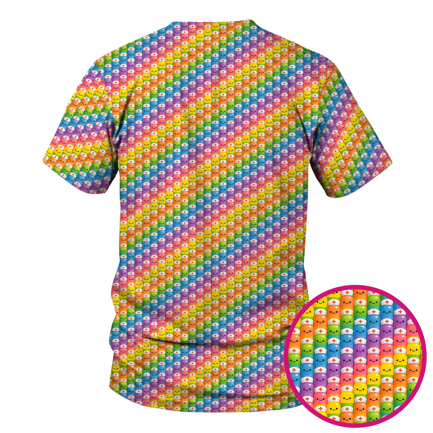 Funny Rainbow Nurse Scrub - Pill Cartoon with Syringe Graphic Tee - Gift for RN CNA LPN or Nursing Student