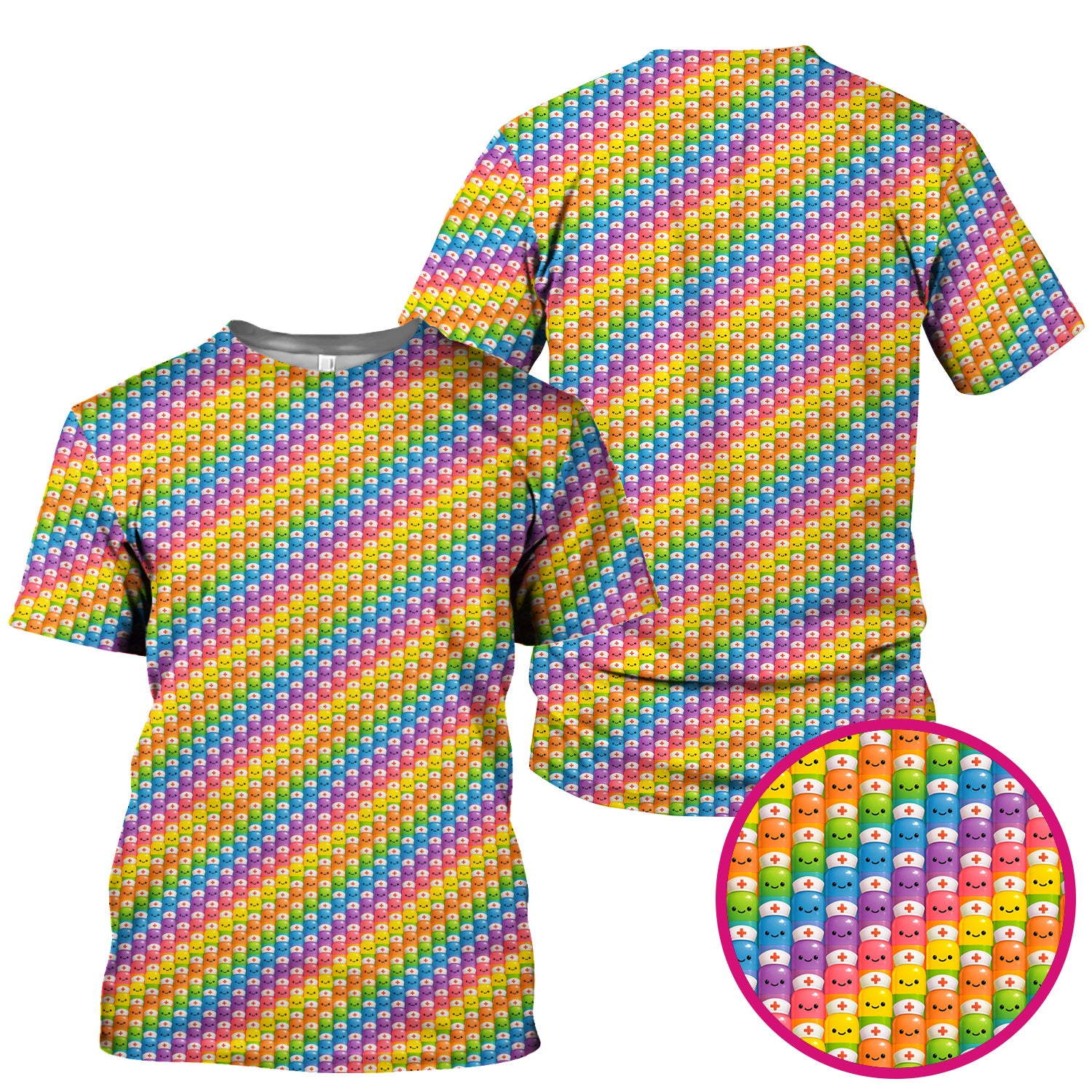 Funny Rainbow Nurse Scrub - Pill Cartoon with Syringe Graphic Tee - Gift for RN CNA LPN or Nursing Student