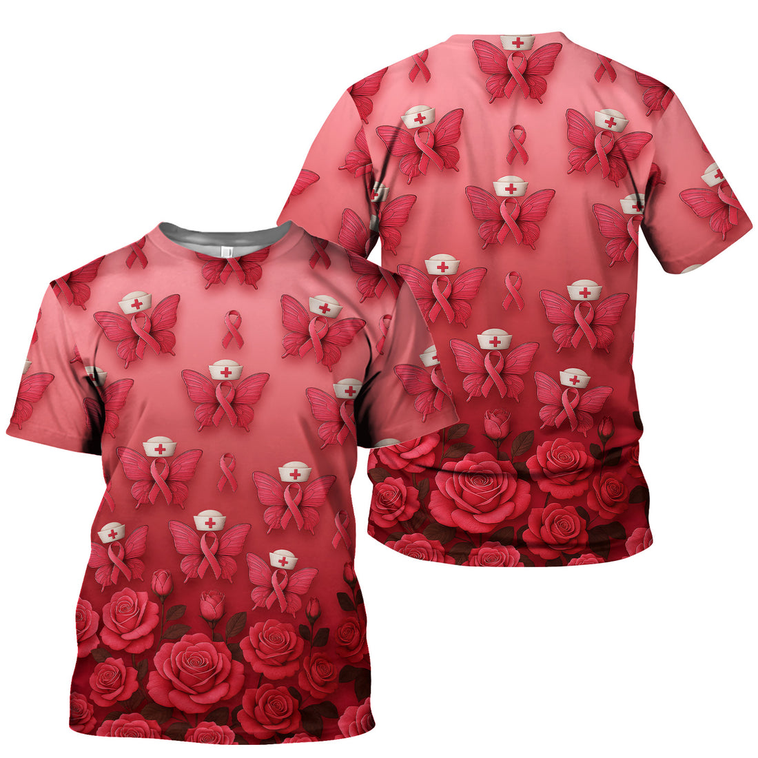 Custom Breast Cancer Awareness Nurse Shirt - Pink Ribbon Butterfly Nurse & Rose Floral Design - RN LPN CNA Gift