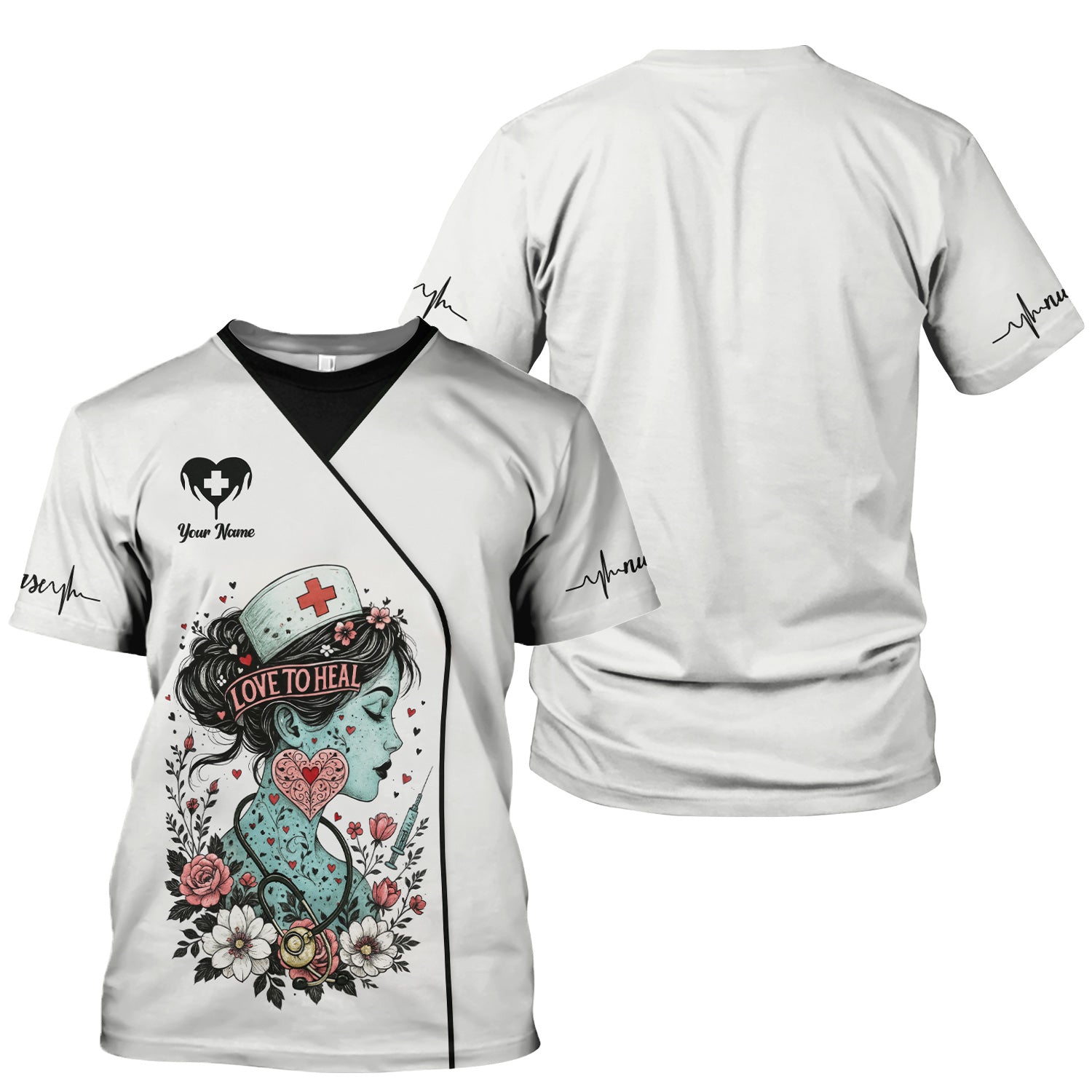 Custom Artistic Nurse Floral Shirt - Vintage Tattoo Style Graphic with Stethoscope Design - Gift for Women RN, LPN, CNA