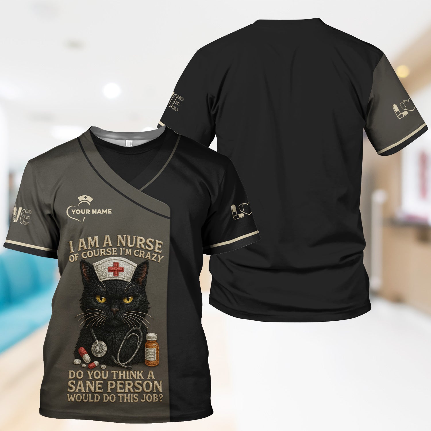 Personalized Cute Black Cat Nurse Shirt - Crazy Funny Cat Nurse Medical Graphic Tee - Gift for RN LPN CNA Nursing Staff