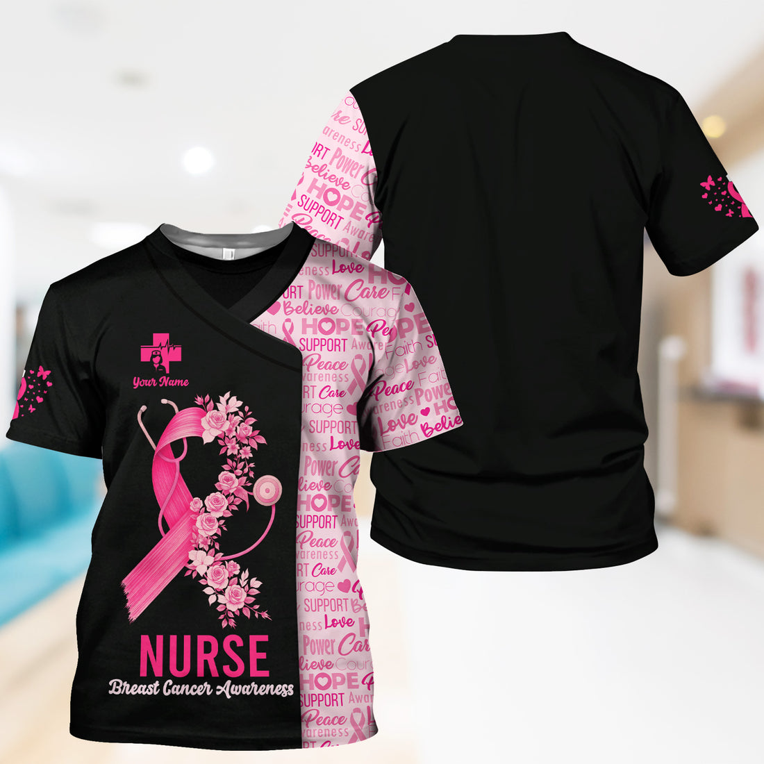 Custom Breast Cancer Awareness Nurse Shirt - Pink Ribbon Christian Faith Graphic Tee - Gift for CNA RN LPN