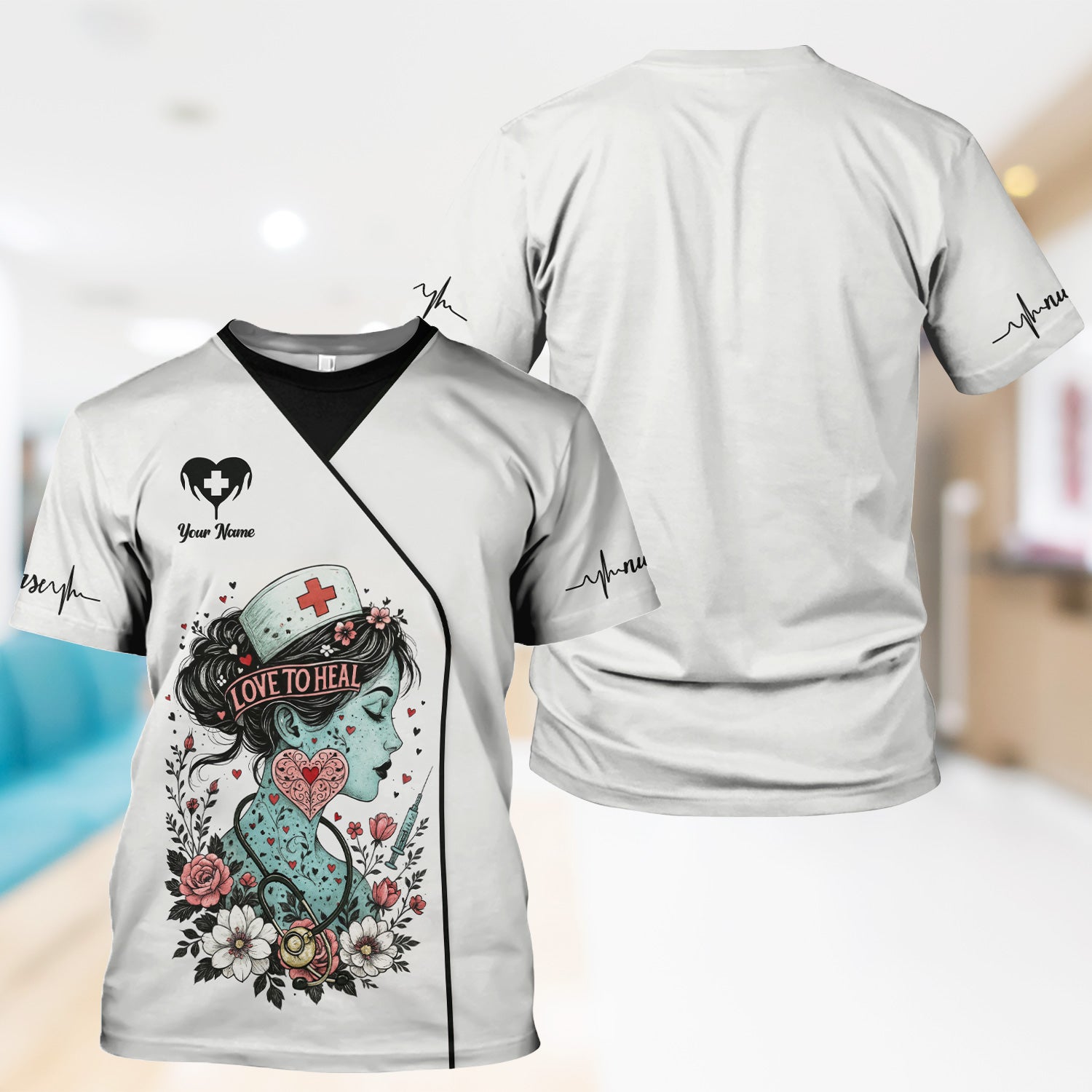 Custom Artistic Nurse Floral Shirt - Vintage Tattoo Style Graphic with Stethoscope Design - Gift for Women RN, LPN, CNA