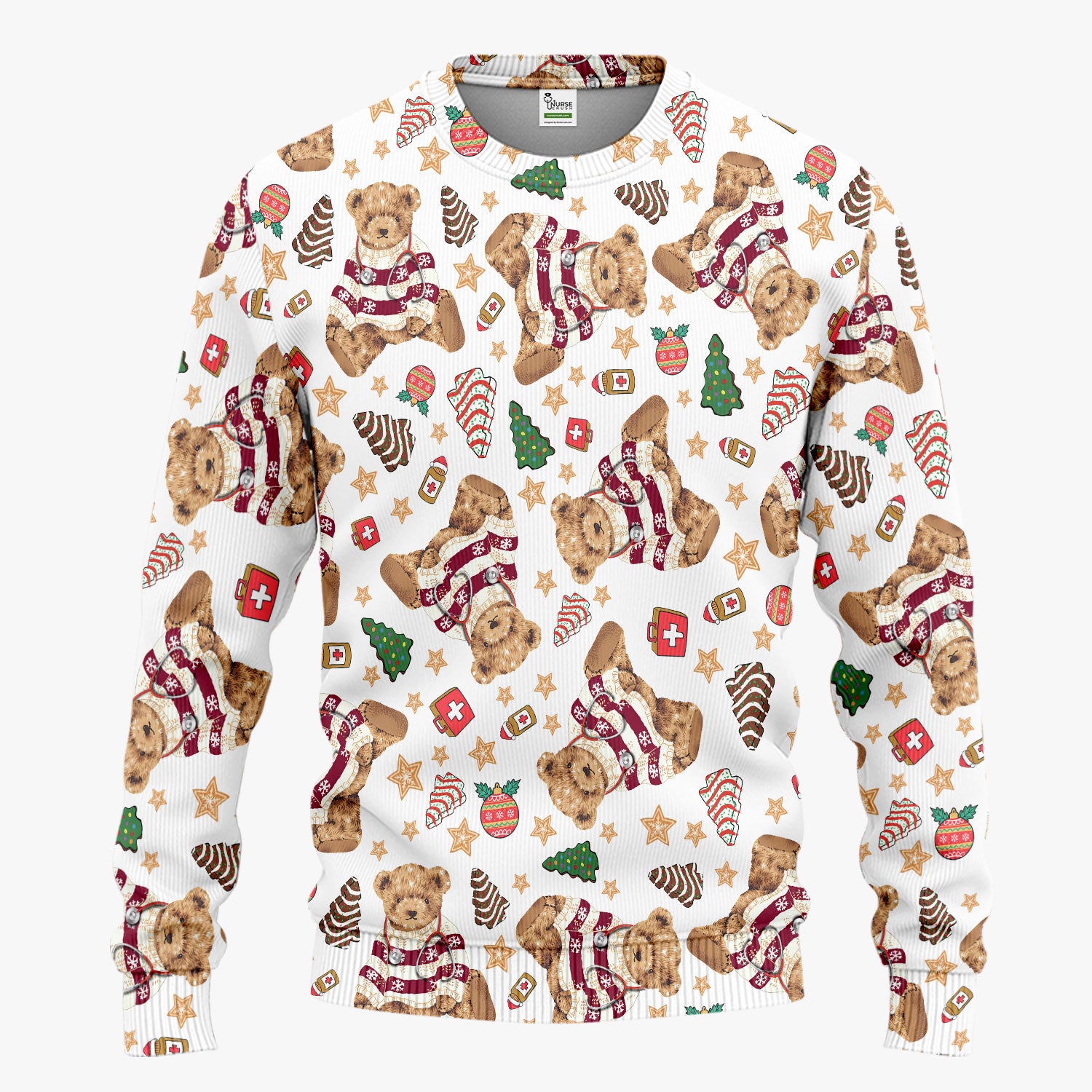 Christmas Teddy Bear Scrub Set for Nurses - Cozy Holiday Pattern with Cute Bear and Medical Icons Scrubs Pants and V Neck Top