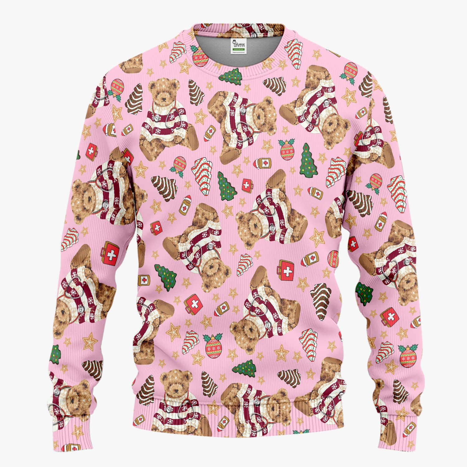 Christmas Teddy Bear Scrub Set for Nurses - Cozy Holiday Pattern with Cute Bear and Medical Icons Scrubs Pants and V Neck Top
