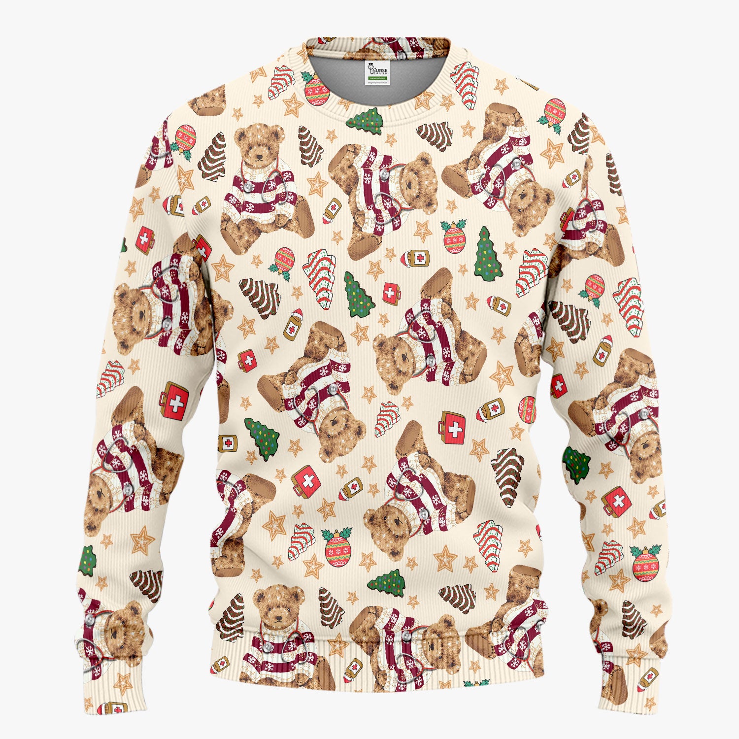 Christmas Teddy Bear Scrub Set for Nurses - Cozy Holiday Pattern with Cute Bear and Medical Icons Scrubs Pants and V Neck Top