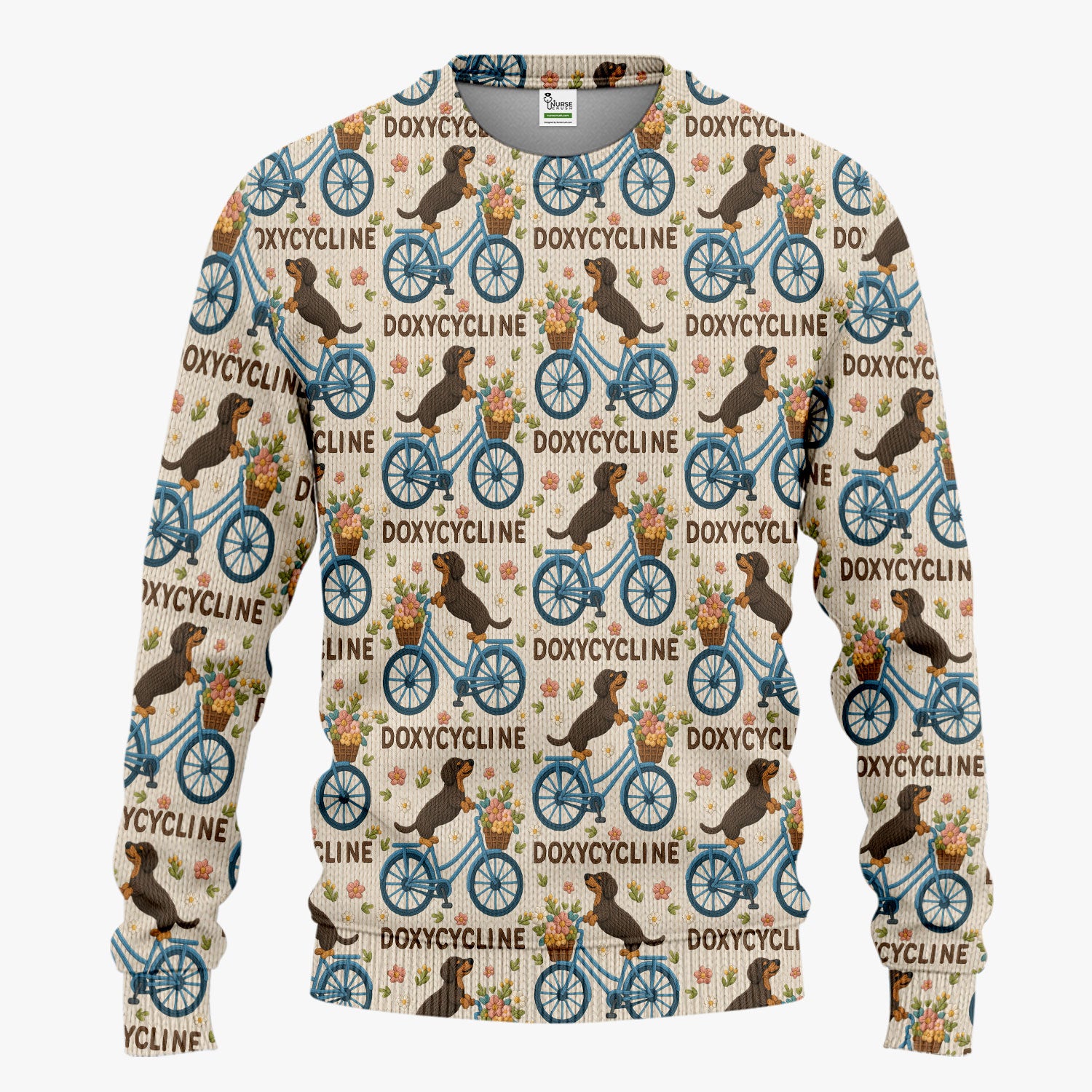 Doxycycline Pharmacy Pun Scrub Set - Dachshund on Bicycle Pharmacists Scrubs Pants and V Neck Top - Veterinary Technicians Gift