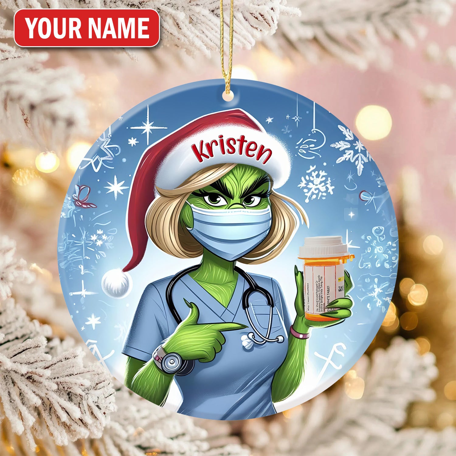 Personalized Funny Pharmacist Ceramic Ornament, Green Monster Nurse Holding Pill, RN LPN CNA Healthcare Workers Gift