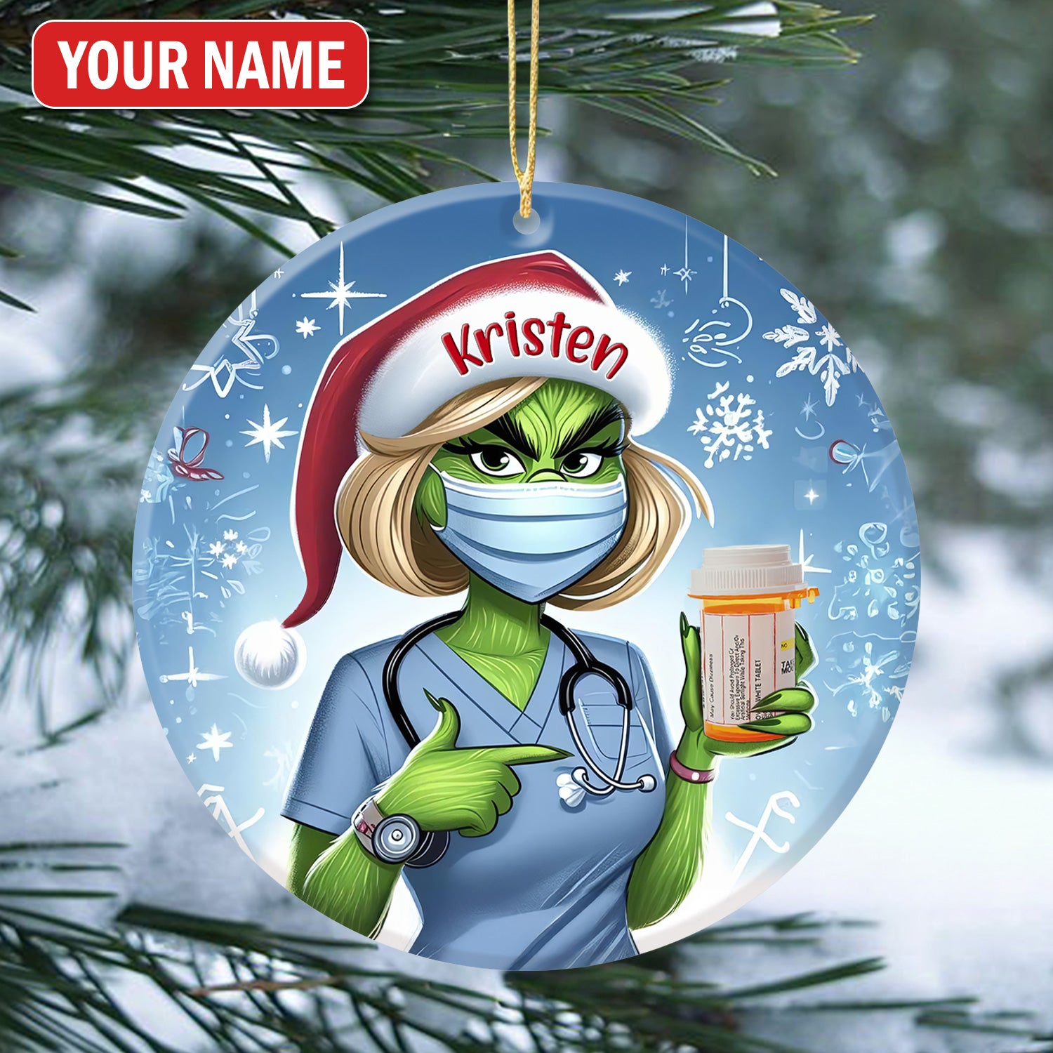 Personalized Funny Pharmacist Ceramic Ornament, Green Monster Nurse Holding Pill, RN LPN CNA Healthcare Workers Gift