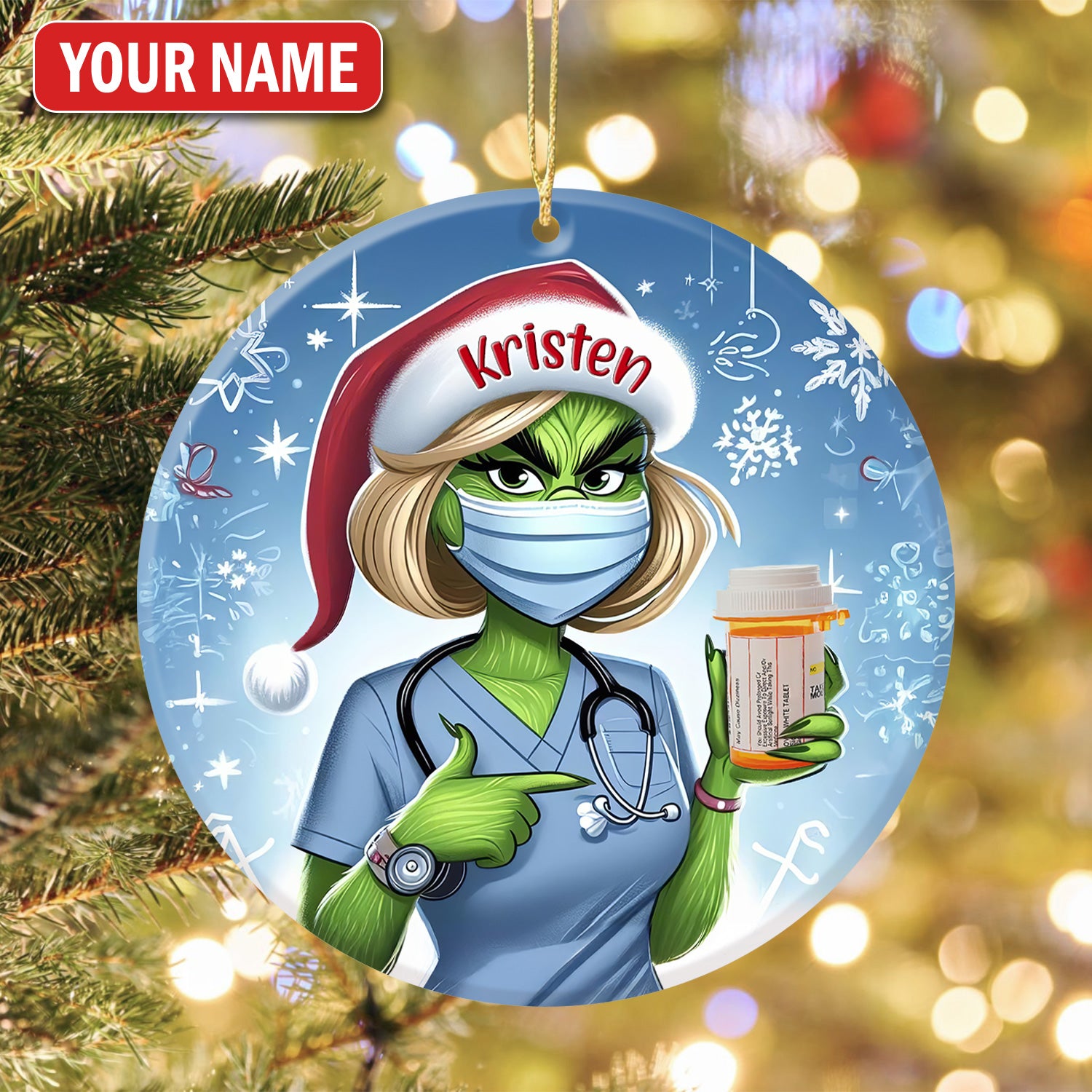 Personalized Funny Pharmacist Ceramic Ornament, Green Monster Nurse Holding Pill, RN LPN CNA Healthcare Workers Gift