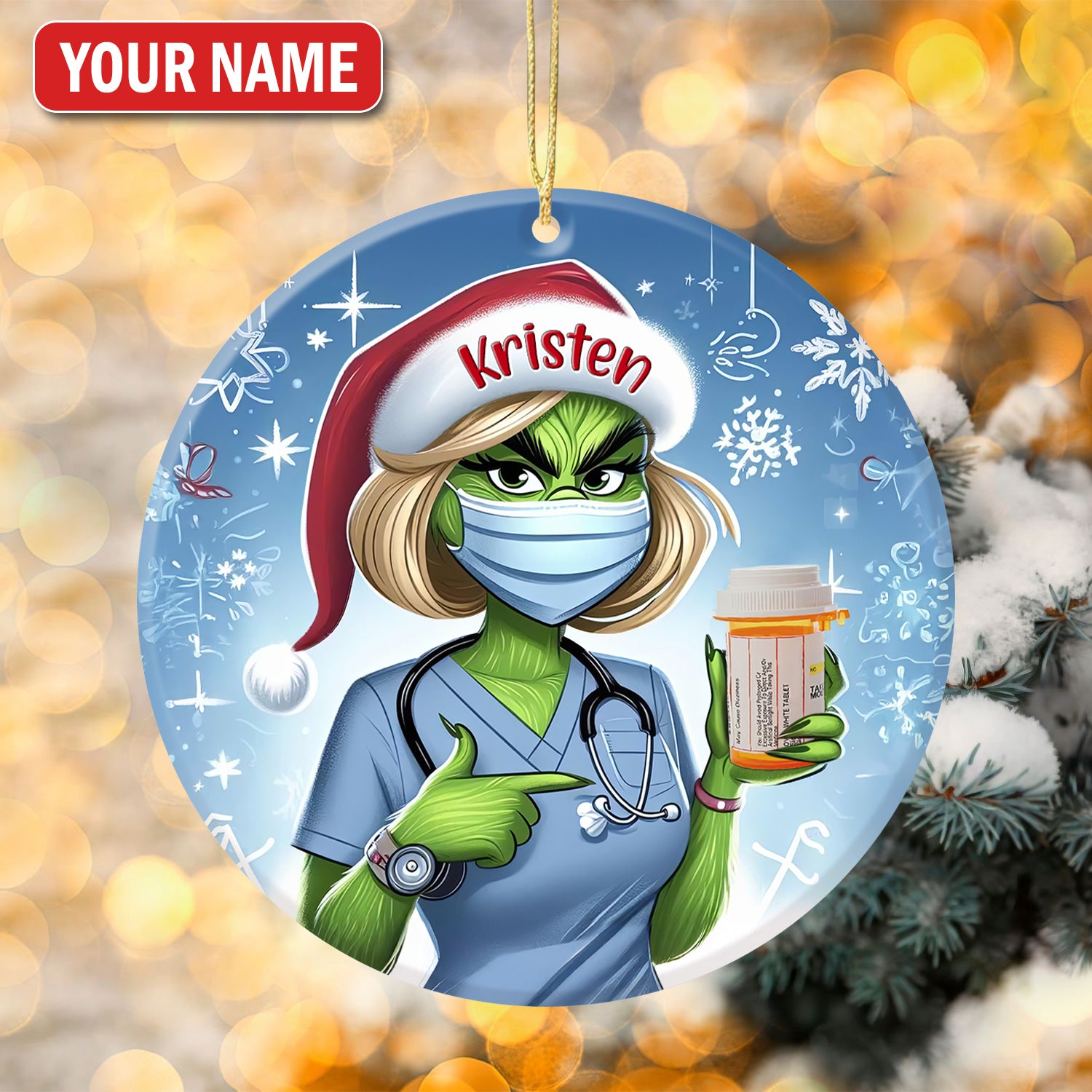 Personalized Funny Pharmacist Ceramic Ornament, Green Monster Nurse Holding Pill, RN LPN CNA Healthcare Workers Gift