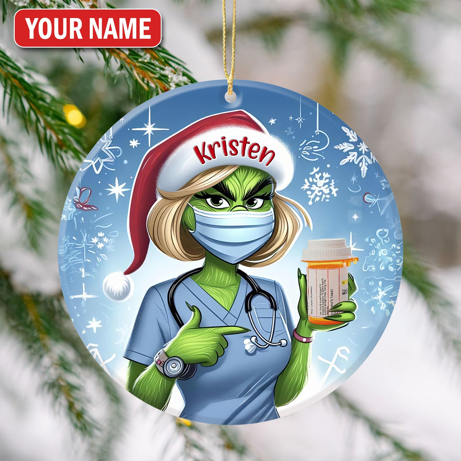 Personalized Funny Pharmacist Ceramic Ornament, Green Monster Nurse Holding Pill, RN LPN CNA Healthcare Workers Gift