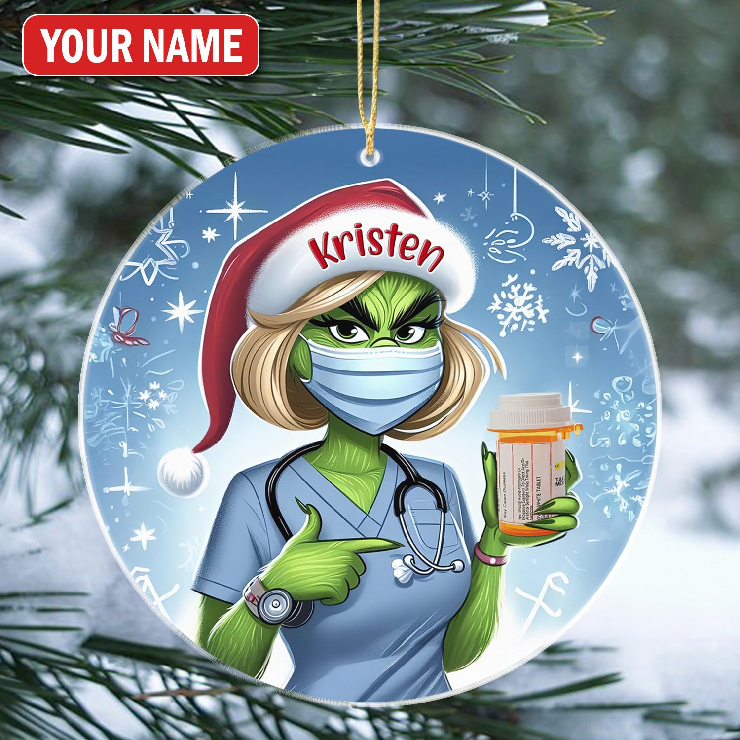 Custom Funny Pharmacist Christmas Ornament, Green Monster Nurse Holding Pill Design, RN LPN CNA Gift