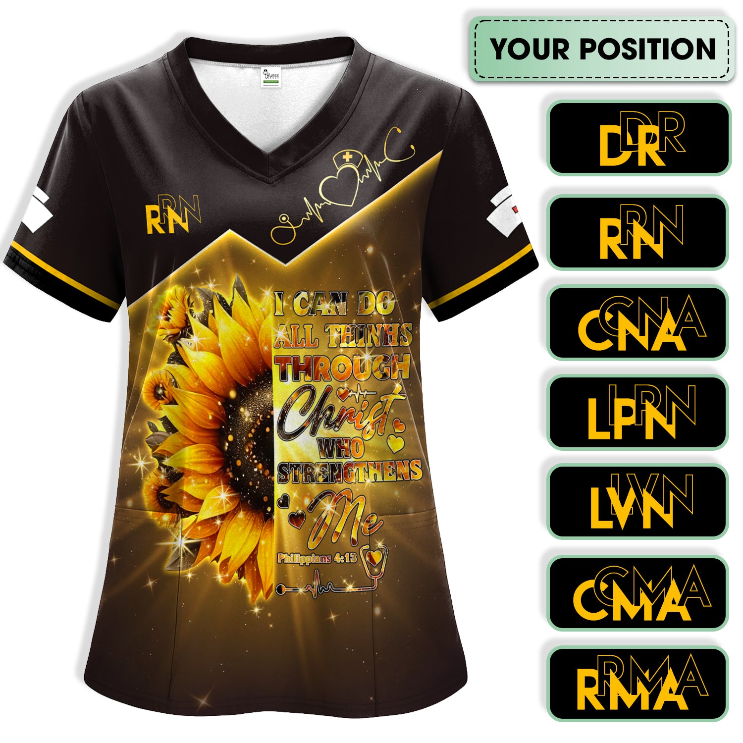 Custom Faith Nurse Scrub Top - All Things Through Christ Bible Verse - Christian Nurses RN LPN CNA Gift