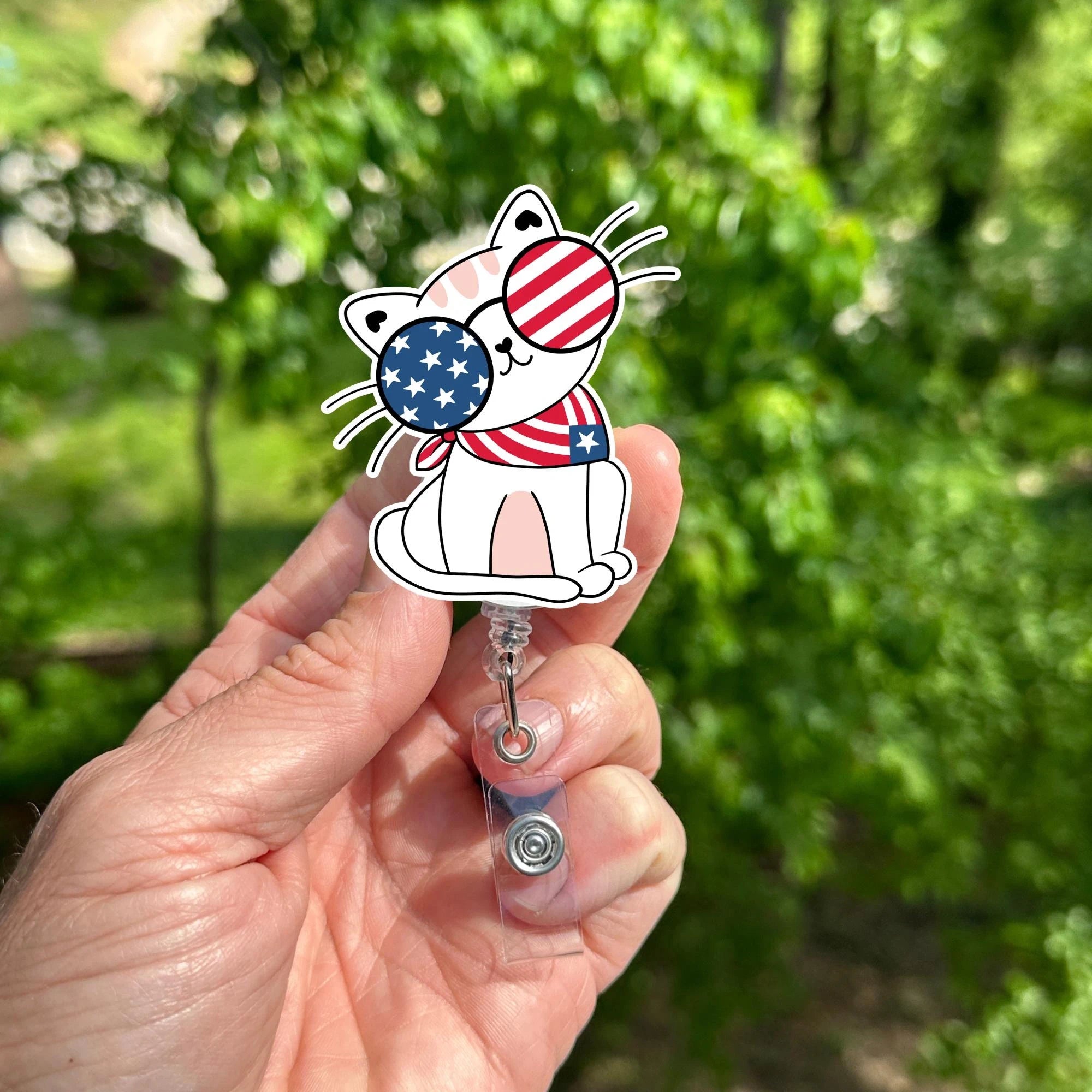 4th of July Cat Badge Reel – Patriotic Kitty ID Holder, Retractable Nurse Clip