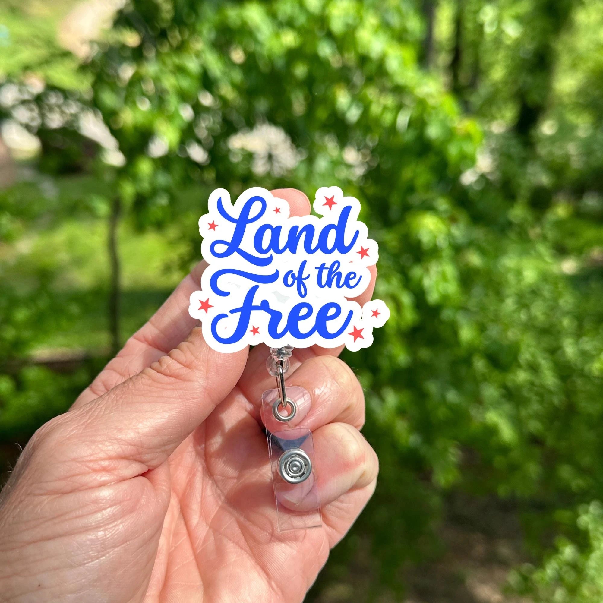 Land of the Free Badge Reel, Patriotic American Flag ID Holder, Retractable Clip Accessory
