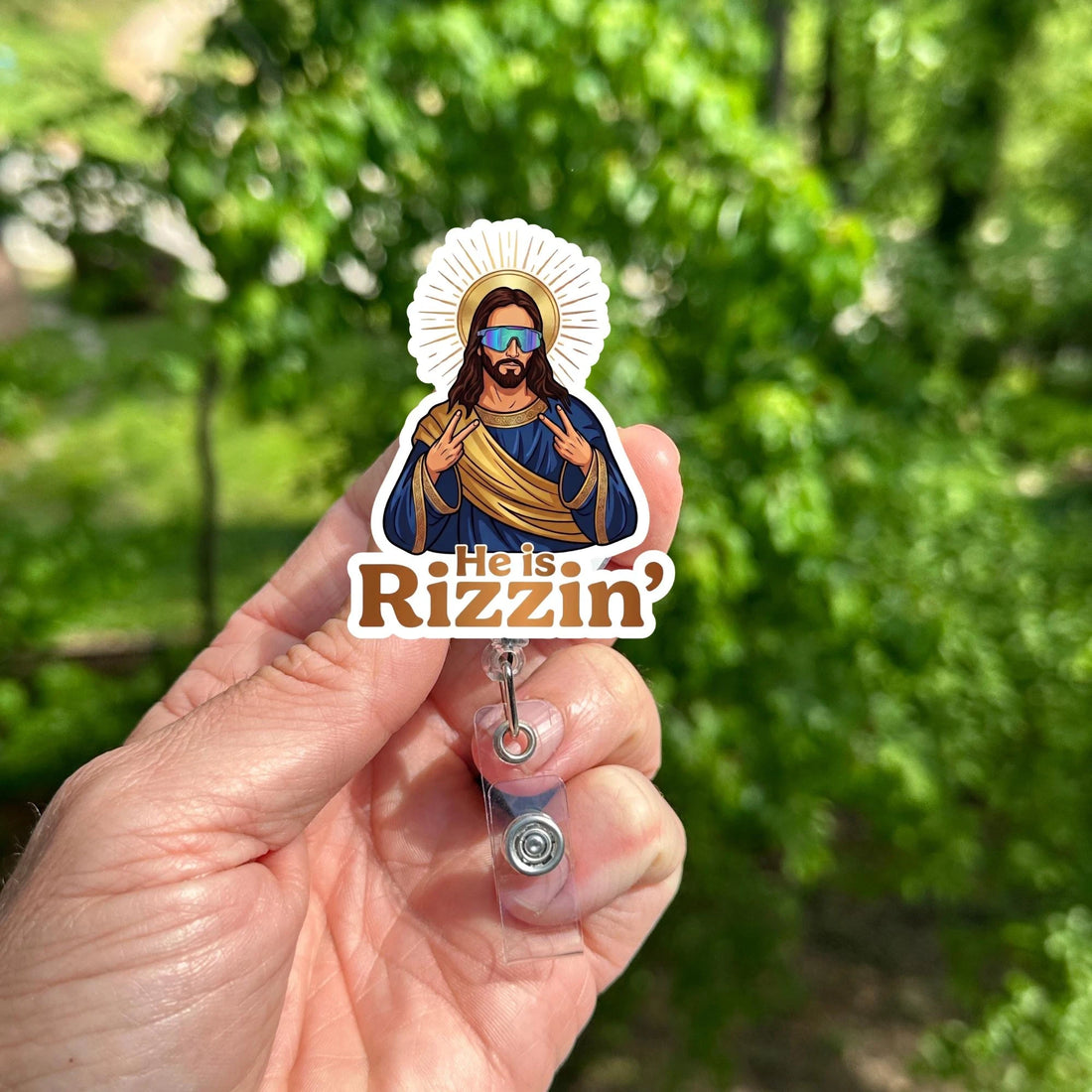 He Is Rizzin Badge Reel, Jesus ID Holder, Retractable Clip, Christian Humor Accessory